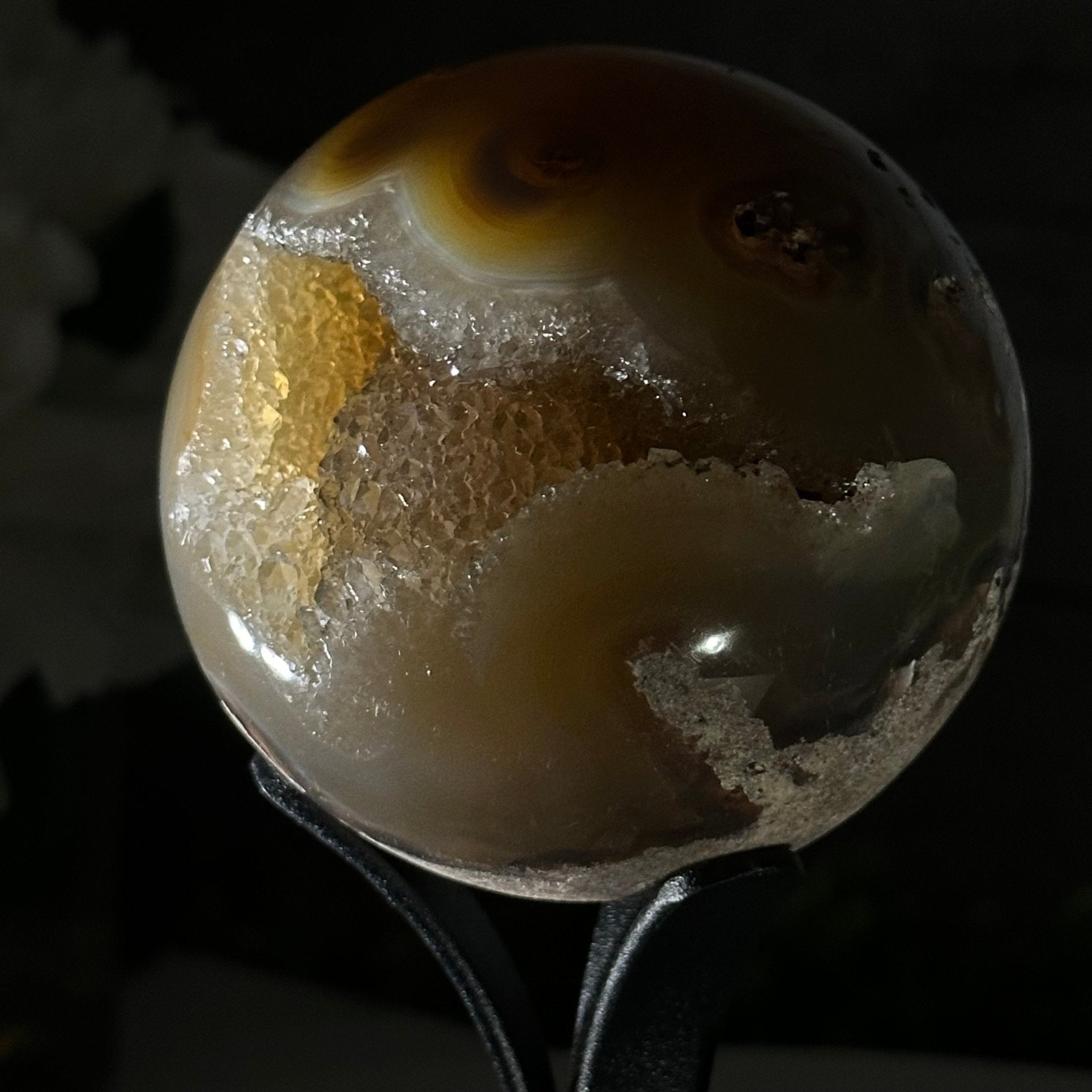Druzy Agate Sphere on a Metal Stand, 1.2 lbs & 6.6" Tall #5634-0005 - Brazil GemsBrazil GemsDruzy Agate Sphere on a Metal Stand, 1.2 lbs & 6.6" Tall #5634-0005Spheres5634-0005