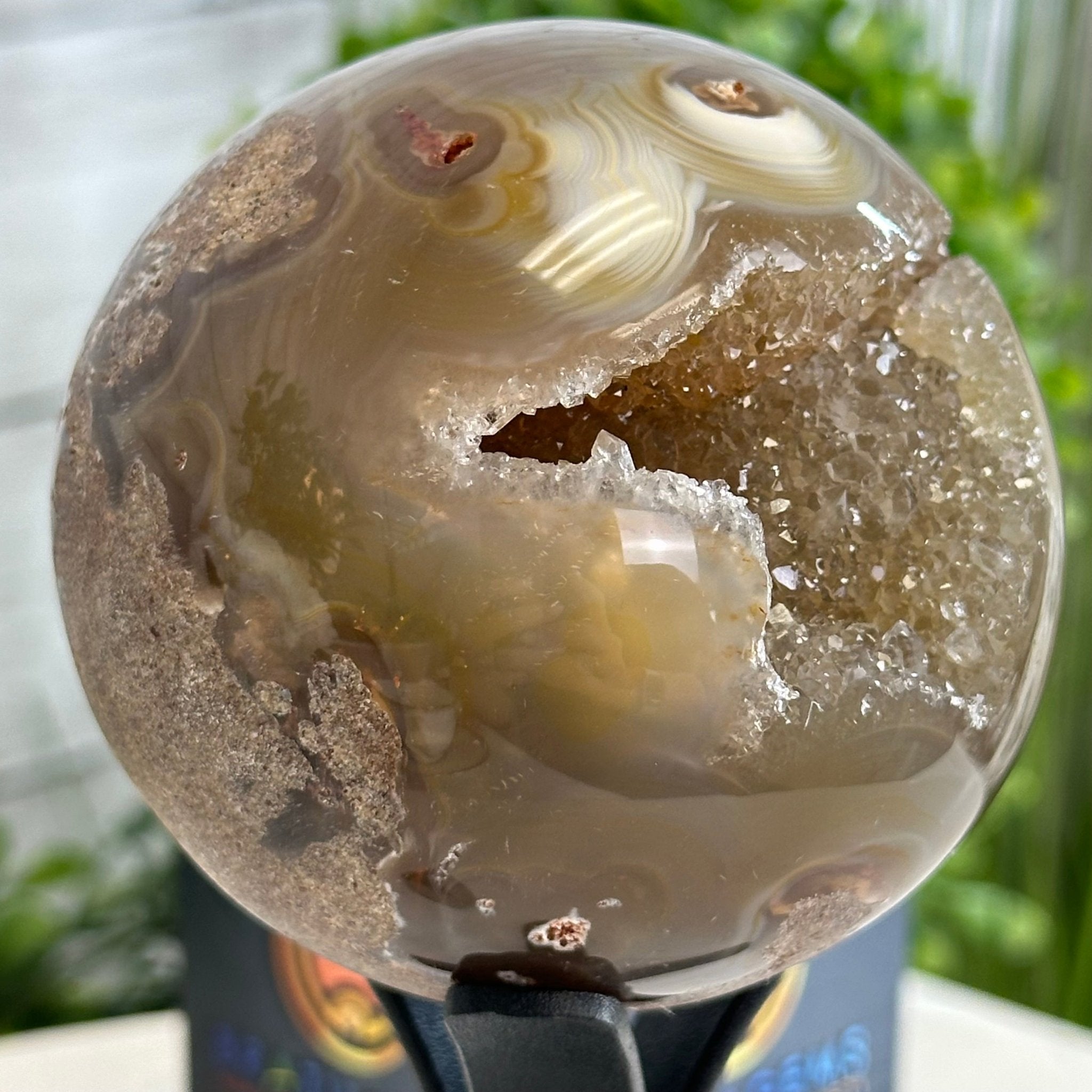 Druzy Agate Sphere on a Metal Stand, 1.2 lbs & 6.6" Tall #5634-0005 - Brazil GemsBrazil GemsDruzy Agate Sphere on a Metal Stand, 1.2 lbs & 6.6" Tall #5634-0005Spheres5634-0005
