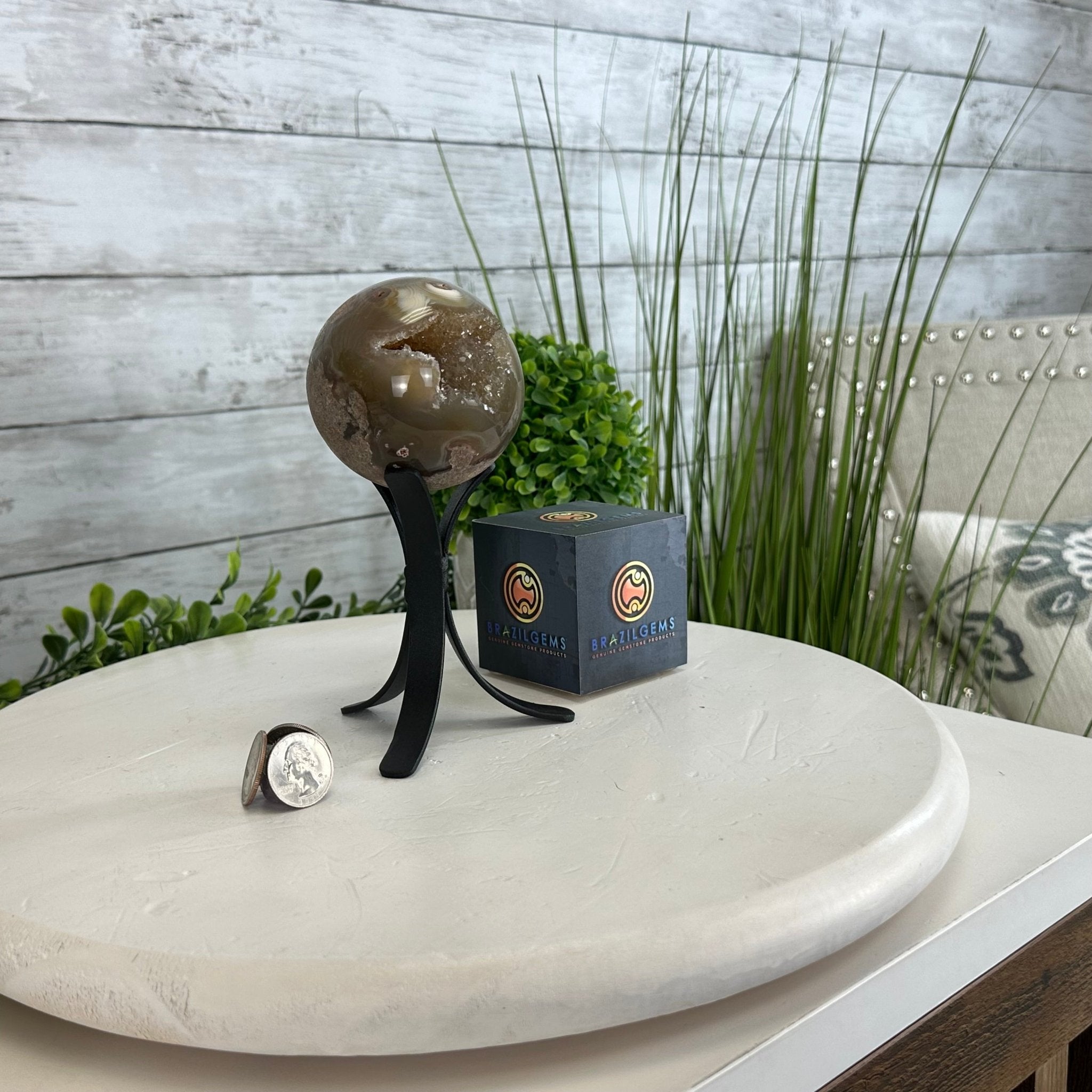 Druzy Agate Sphere on a Metal Stand, 1.2 lbs & 6.6" Tall #5634-0005 - Brazil GemsBrazil GemsDruzy Agate Sphere on a Metal Stand, 1.2 lbs & 6.6" Tall #5634-0005Spheres5634-0005