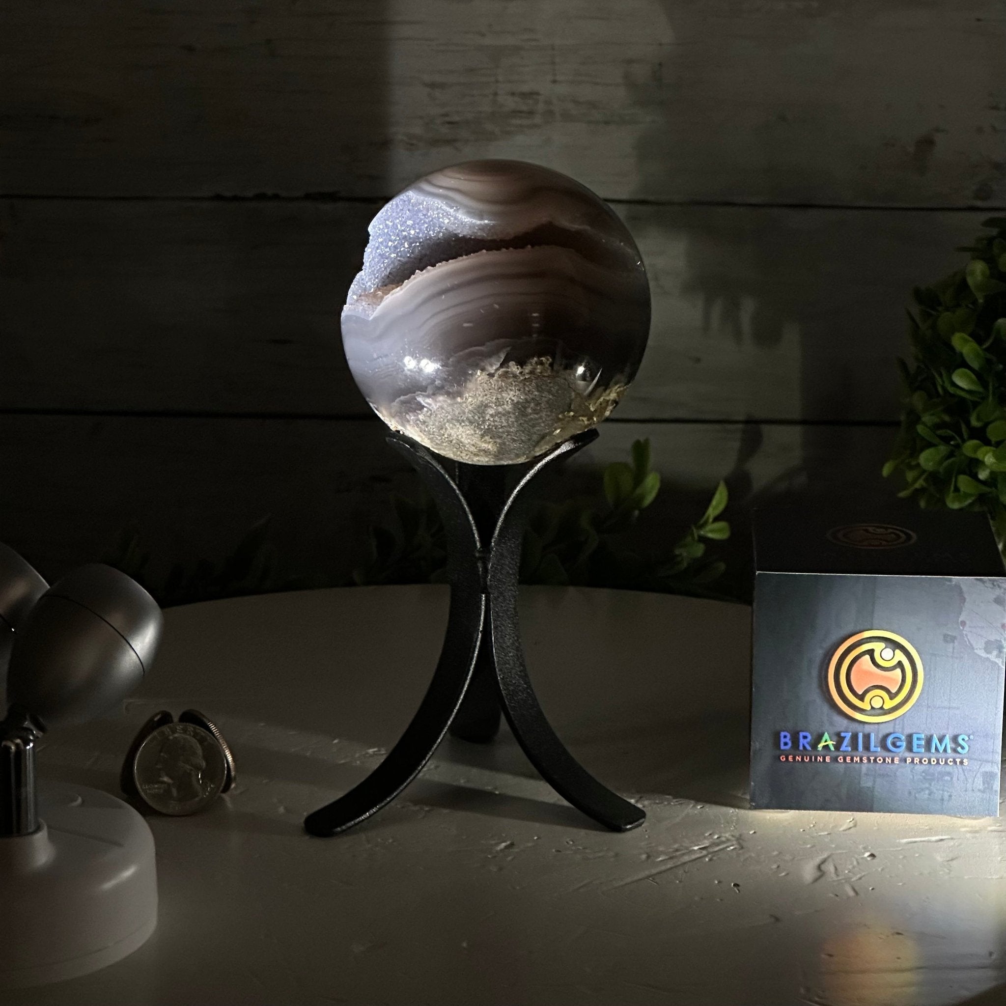 Druzy Agate Sphere on a Metal Stand, 1.3 lbs & 6.7" Tall #5634-0007 - Brazil GemsBrazil GemsDruzy Agate Sphere on a Metal Stand, 1.3 lbs & 6.7" Tall #5634-0007Spheres5634-0007