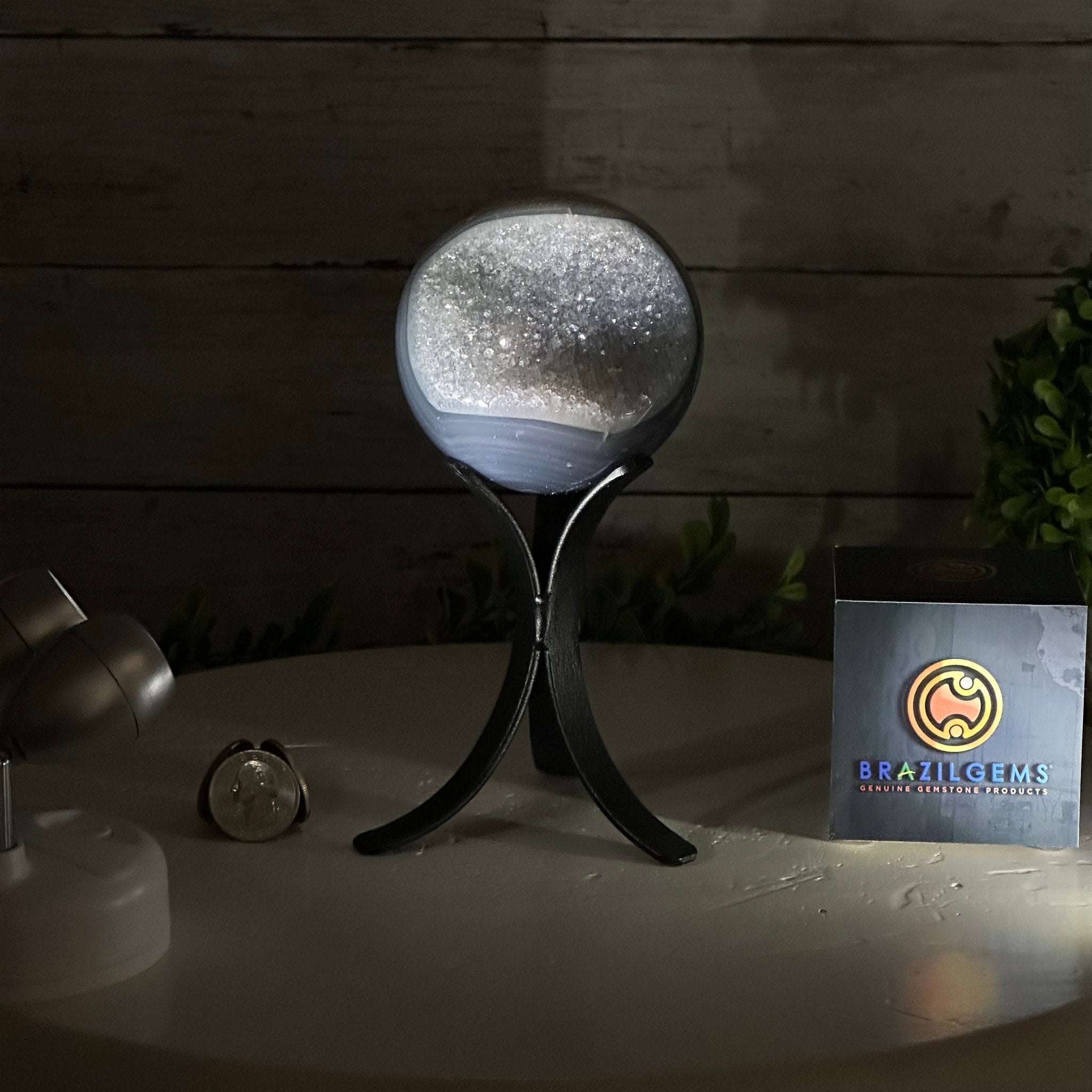 Druzy Agate Sphere on a Metal Stand, 1.3 lbs & 6.8" Tall #5634-0006 - Brazil GemsBrazil GemsDruzy Agate Sphere on a Metal Stand, 1.3 lbs & 6.8" Tall #5634-0006Spheres5634-0006