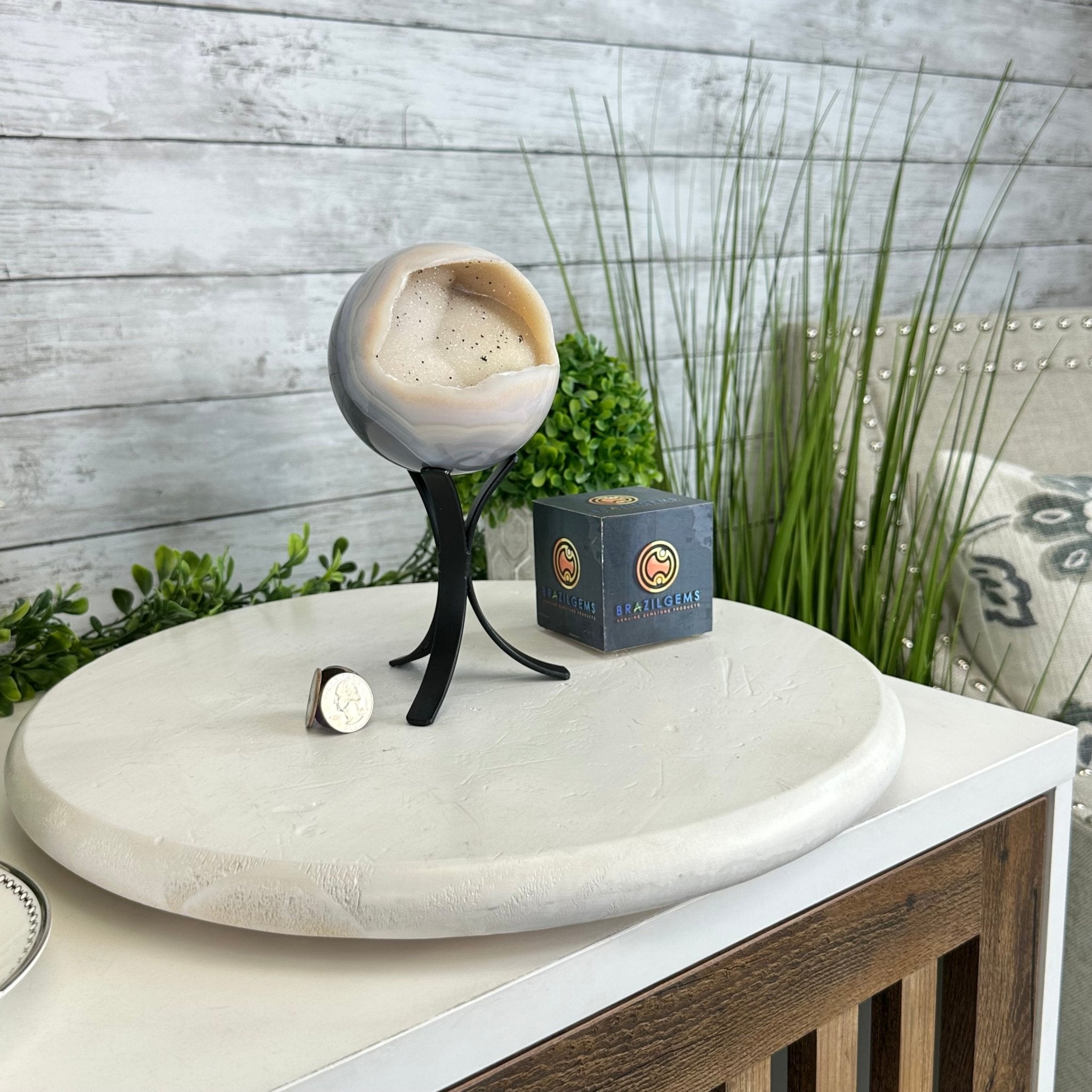 Druzy Agate Sphere on a Metal Stand, 2.1 lbs & 7.5" Tall #5634 - 0010 - Brazil GemsBrazil GemsDruzy Agate Sphere on a Metal Stand, 2.1 lbs & 7.5" Tall #5634 - 0010Spheres5634 - 0010