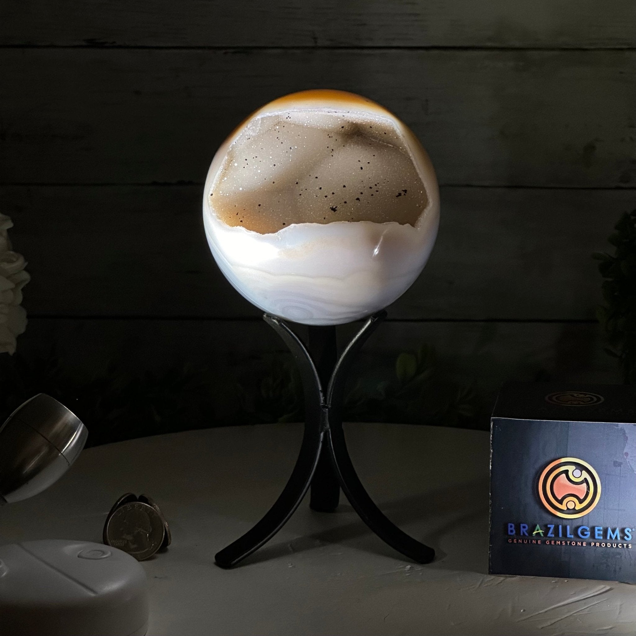 Druzy Agate Sphere on a Metal Stand, 2.1 lbs & 7.5" Tall #5634 - 0010 - Brazil GemsBrazil GemsDruzy Agate Sphere on a Metal Stand, 2.1 lbs & 7.5" Tall #5634 - 0010Spheres5634 - 0010