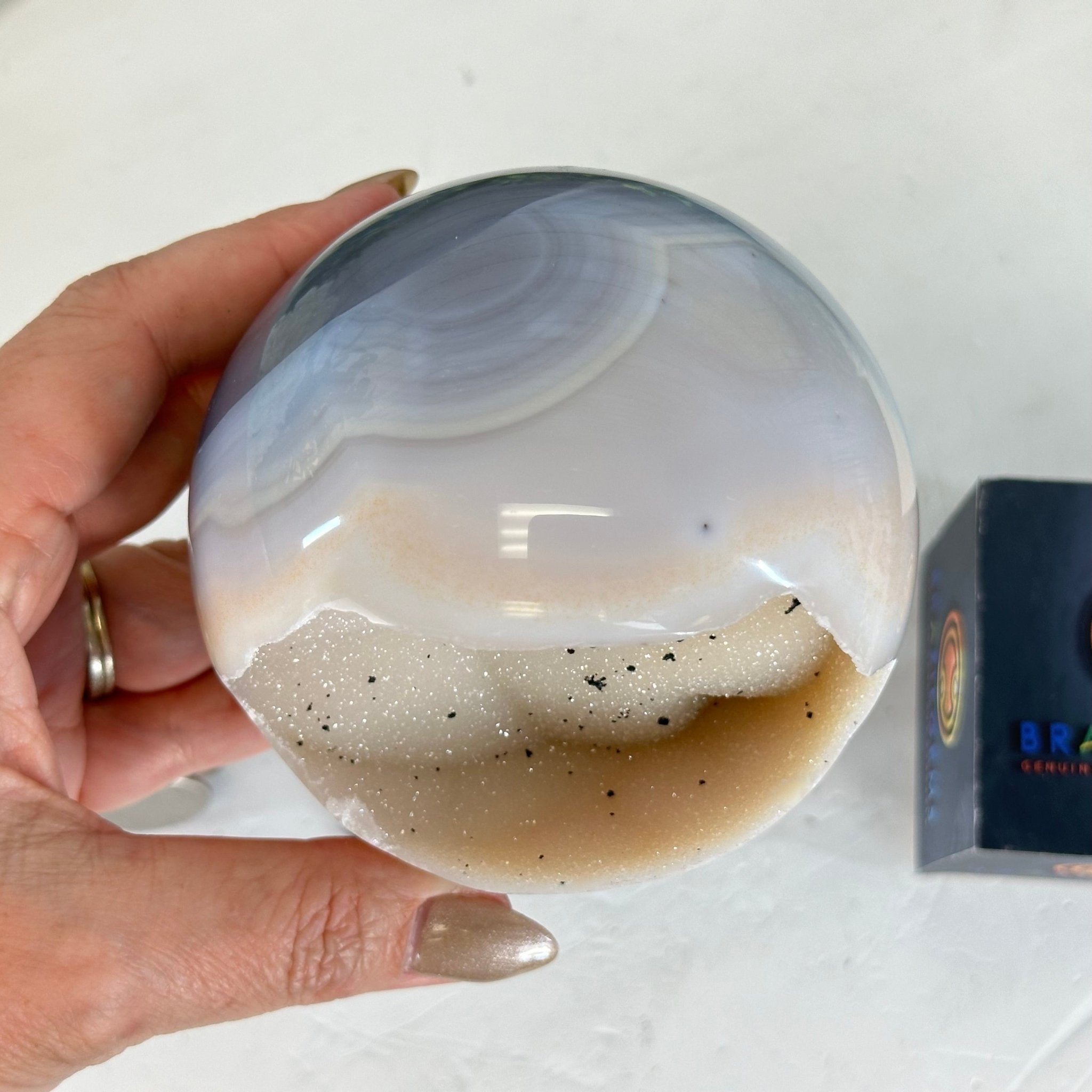 Druzy Agate Sphere on a Metal Stand, 2.1 lbs & 7.5" Tall #5634 - 0010 - Brazil GemsBrazil GemsDruzy Agate Sphere on a Metal Stand, 2.1 lbs & 7.5" Tall #5634 - 0010Spheres5634 - 0010