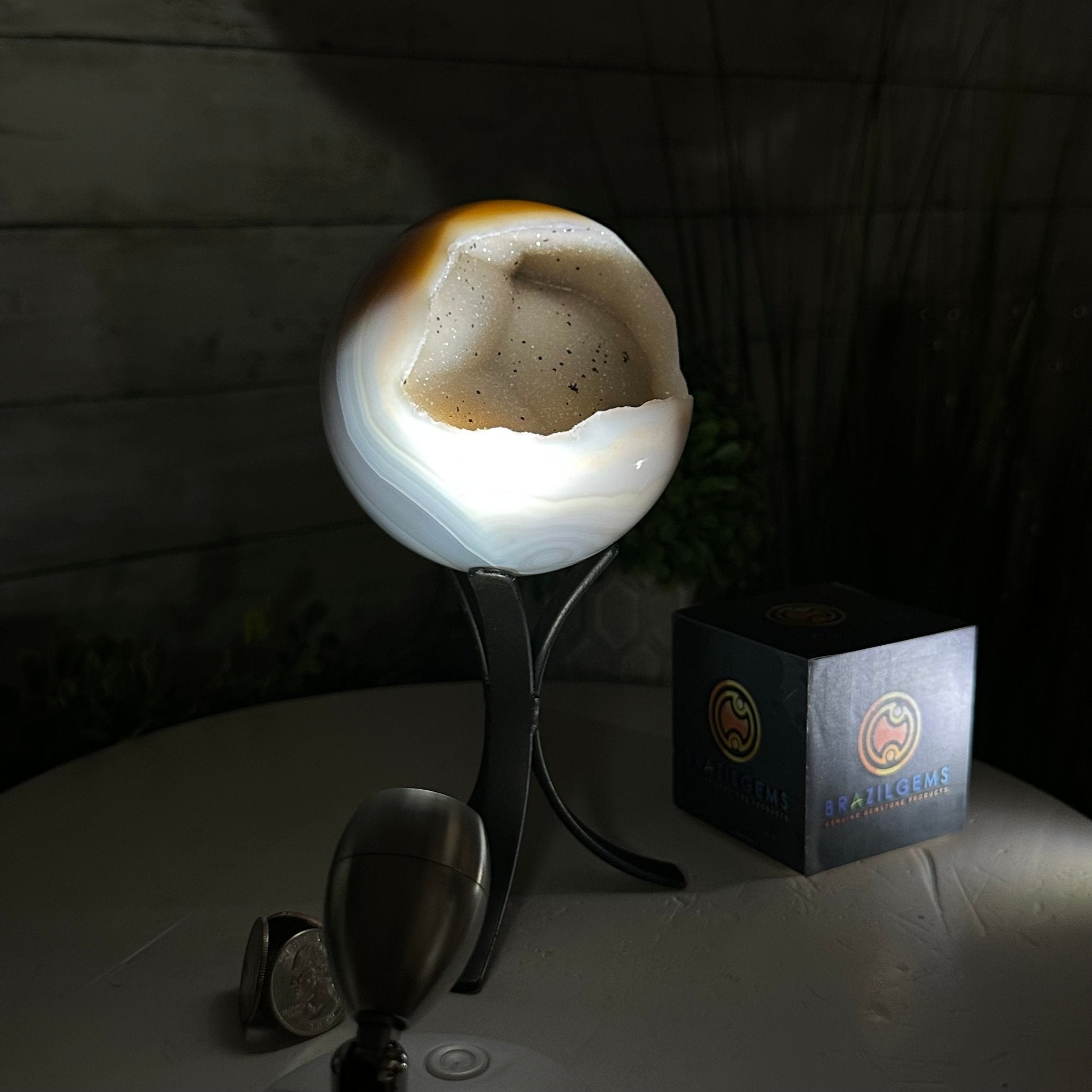 Druzy Agate Sphere on a Metal Stand, 2.1 lbs & 7.5" Tall #5634 - 0010 - Brazil GemsBrazil GemsDruzy Agate Sphere on a Metal Stand, 2.1 lbs & 7.5" Tall #5634 - 0010Spheres5634 - 0010