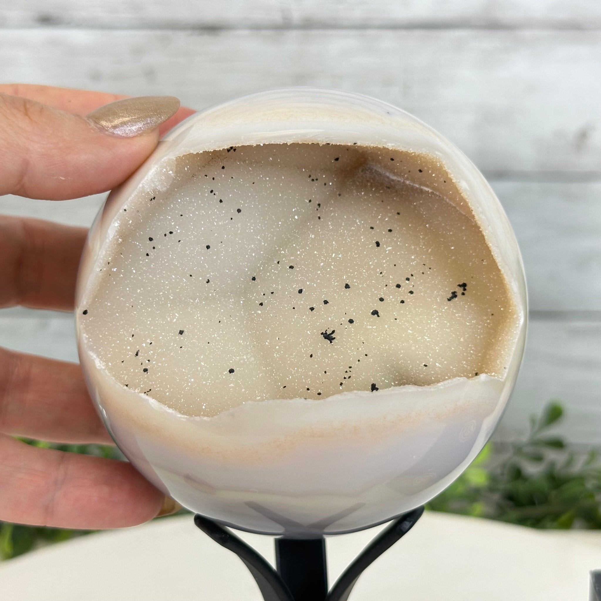 Druzy Agate Sphere on a Metal Stand, 2.1 lbs & 7.5" Tall #5634 - 0010 - Brazil GemsBrazil GemsDruzy Agate Sphere on a Metal Stand, 2.1 lbs & 7.5" Tall #5634 - 0010Spheres5634 - 0010