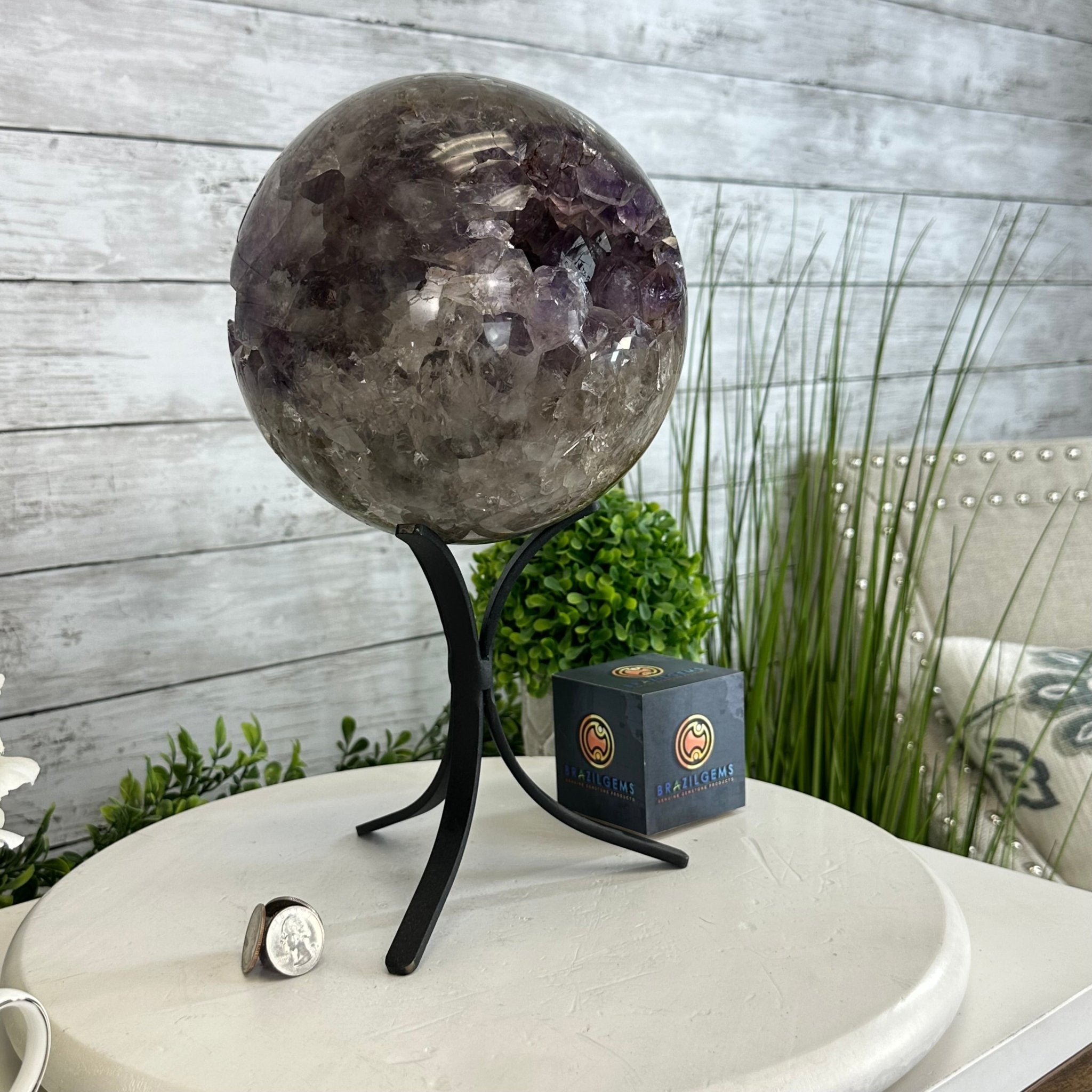 Druzy Amethyst Sphere on a Metal Base, 15.1 lbs & 13" Tall #5630-0076 - Brazil GemsBrazil GemsDruzy Amethyst Sphere on a Metal Base, 15.1 lbs & 13" Tall #5630-0076Spheres5630-0076