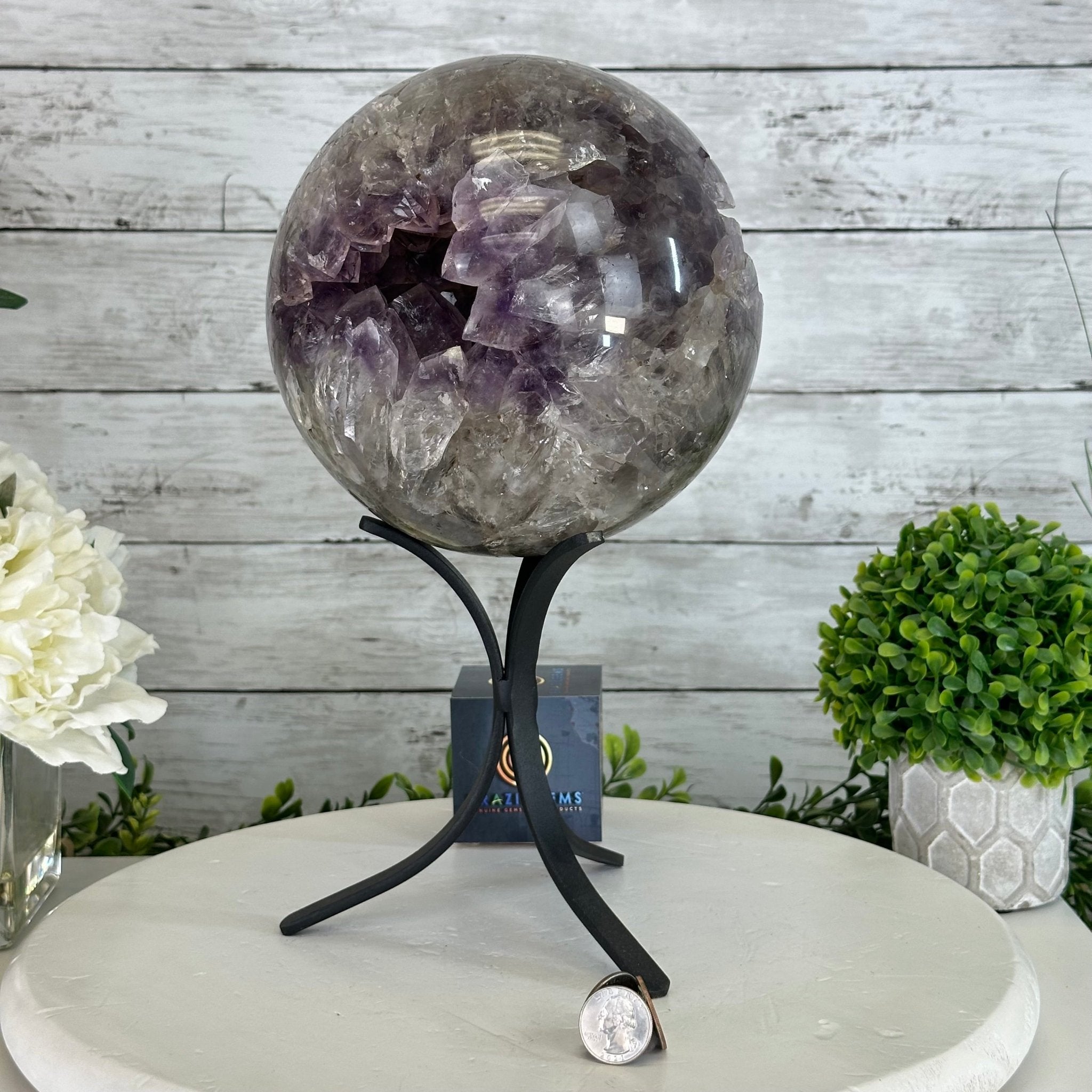 Druzy Amethyst Sphere on a Metal Base, 15.1 lbs & 13" Tall #5630-0076 - Brazil GemsBrazil GemsDruzy Amethyst Sphere on a Metal Base, 15.1 lbs & 13" Tall #5630-0076Spheres5630-0076