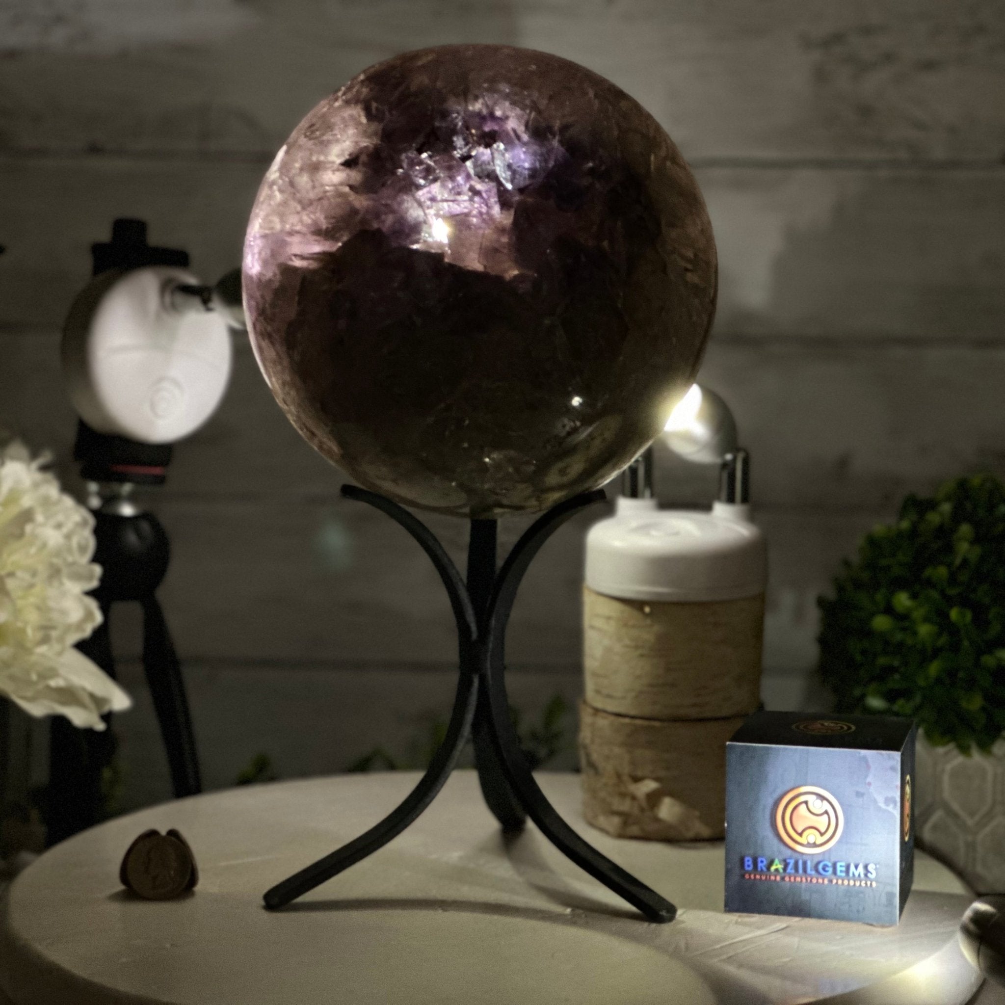 Druzy Amethyst Sphere on a Metal Base, 15.1 lbs & 13" Tall #5630-0076 - Brazil GemsBrazil GemsDruzy Amethyst Sphere on a Metal Base, 15.1 lbs & 13" Tall #5630-0076Spheres5630-0076