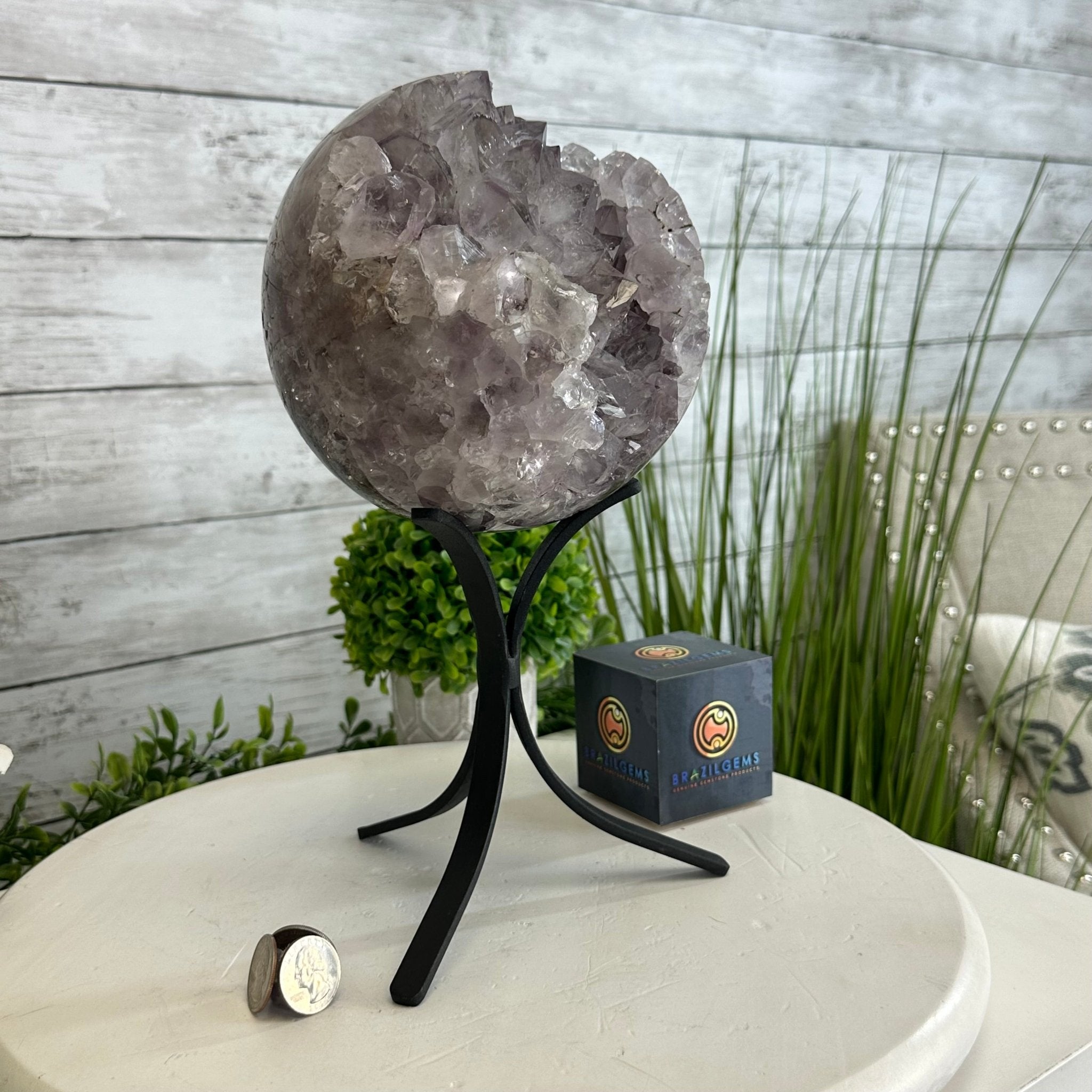 Druzy Amethyst Sphere on a Metal Base, 9.9 lbs & 12" Tall #5630-0071 - Brazil GemsBrazil GemsDruzy Amethyst Sphere on a Metal Base, 9.9 lbs & 12" Tall #5630-0071Spheres5630-0071