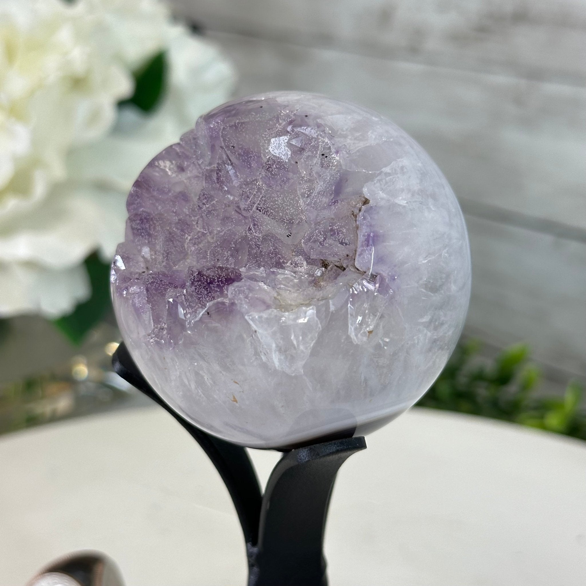 Druzy Amethyst Sphere on a Metal Stand, 0.8 lbs & 6" Tall #5630-0033 - Brazil GemsBrazil GemsDruzy Amethyst Sphere on a Metal Stand, 0.8 lbs & 6" Tall #5630-0033Spheres5630-0033
