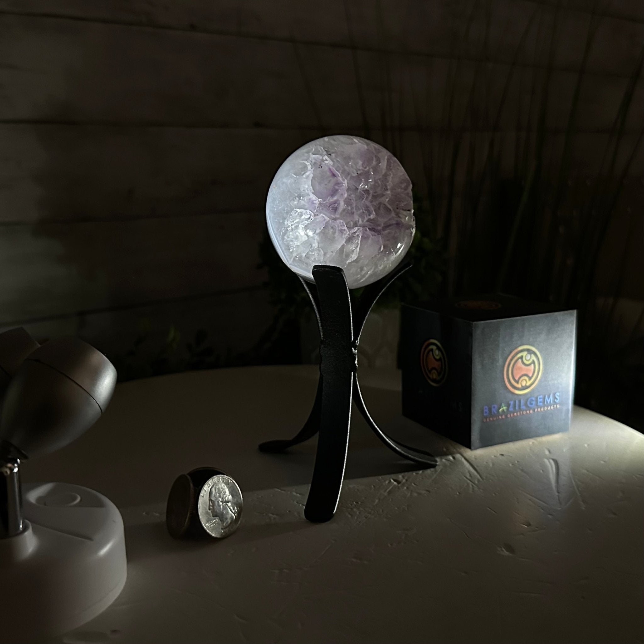 Druzy Amethyst Sphere on a Metal Stand, 0.8 lbs & 6" Tall #5630-0033 - Brazil GemsBrazil GemsDruzy Amethyst Sphere on a Metal Stand, 0.8 lbs & 6" Tall #5630-0033Spheres5630-0033