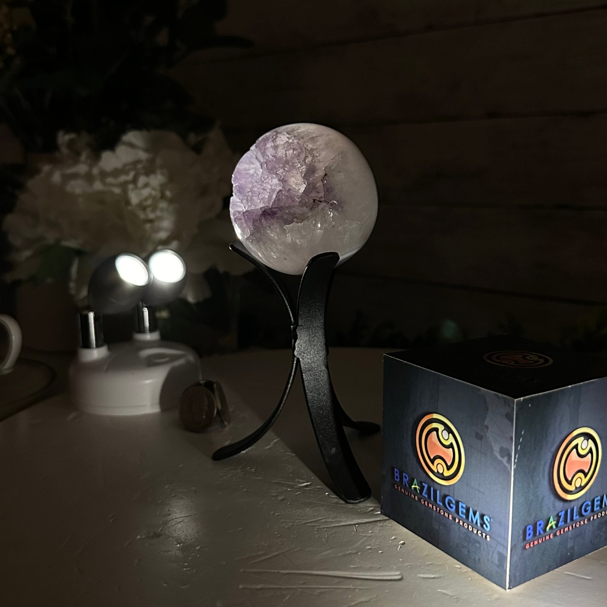 Druzy Amethyst Sphere on a Metal Stand, 0.8 lbs & 6" Tall #5630-0033 - Brazil GemsBrazil GemsDruzy Amethyst Sphere on a Metal Stand, 0.8 lbs & 6" Tall #5630-0033Spheres5630-0033