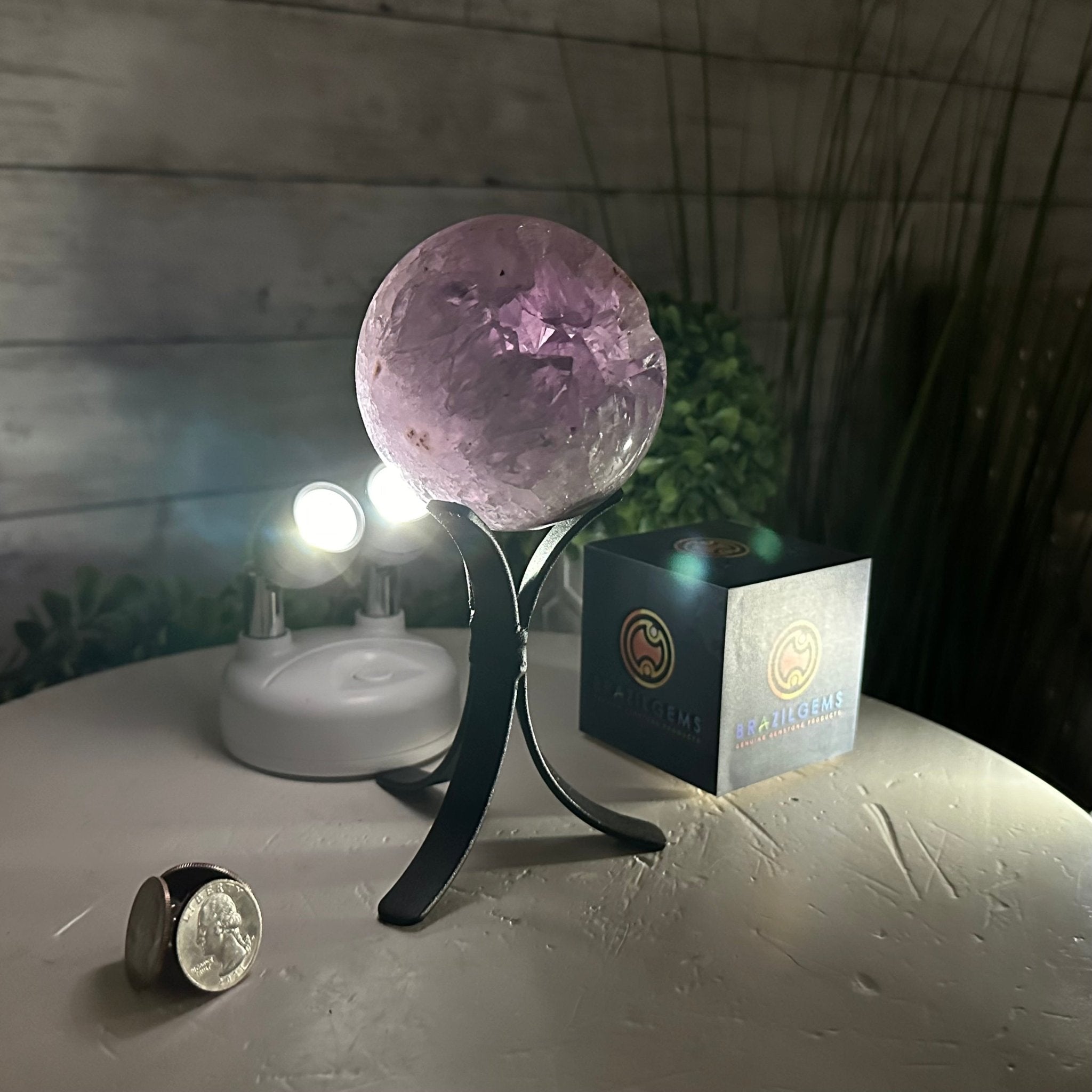 Druzy Amethyst Sphere on a Metal Stand, 1.2 lbs & 6.8" Tall #5630-0039 - Brazil GemsBrazil GemsDruzy Amethyst Sphere on a Metal Stand, 1.2 lbs & 6.8" Tall #5630-0039Spheres5630-0039