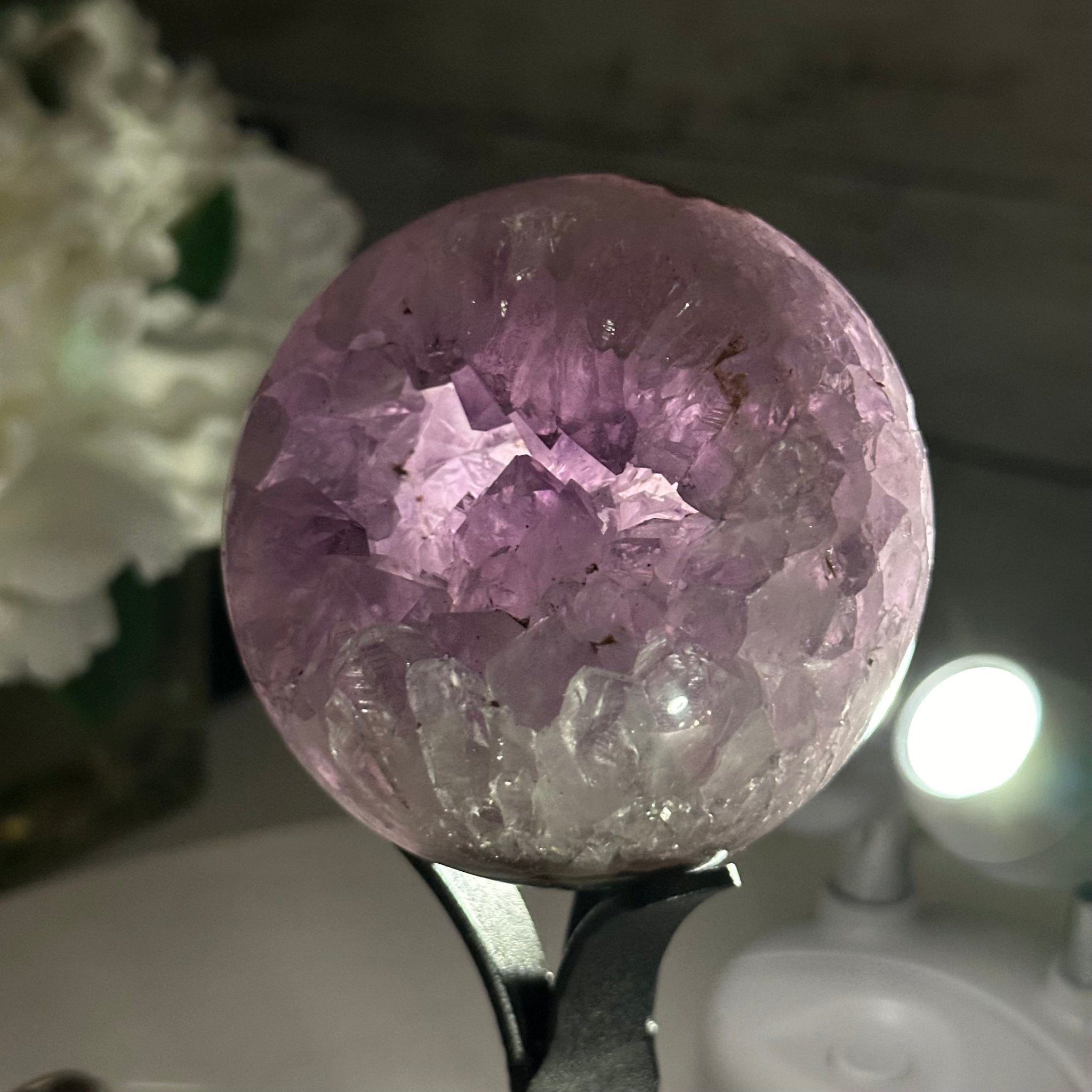 Druzy Amethyst Sphere on a Metal Stand, 1.2 lbs & 6.8" Tall #5630-0039 - Brazil GemsBrazil GemsDruzy Amethyst Sphere on a Metal Stand, 1.2 lbs & 6.8" Tall #5630-0039Spheres5630-0039