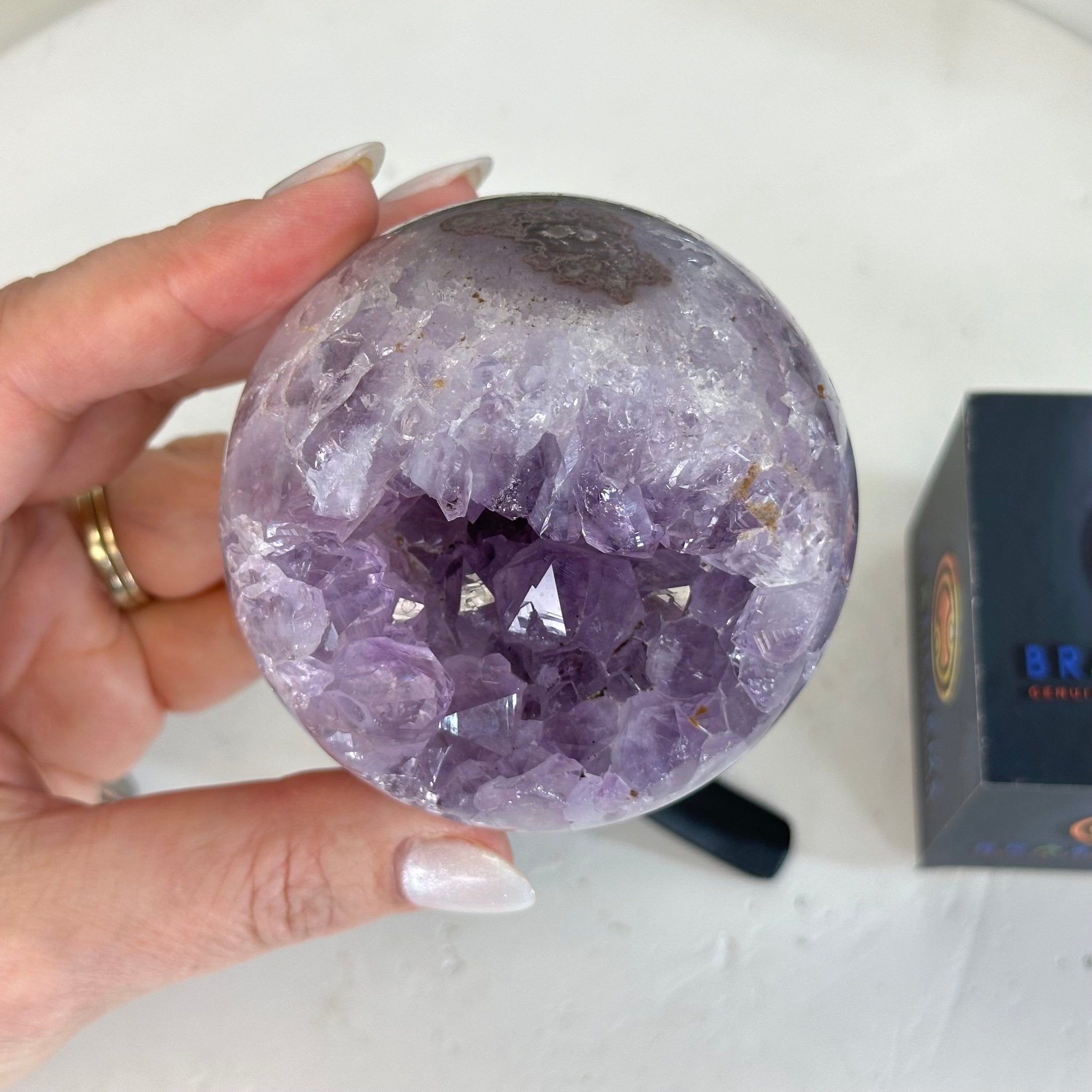 Druzy Amethyst Sphere on a Metal Stand, 1.2 lbs & 6.8" Tall #5630-0039 - Brazil GemsBrazil GemsDruzy Amethyst Sphere on a Metal Stand, 1.2 lbs & 6.8" Tall #5630-0039Spheres5630-0039