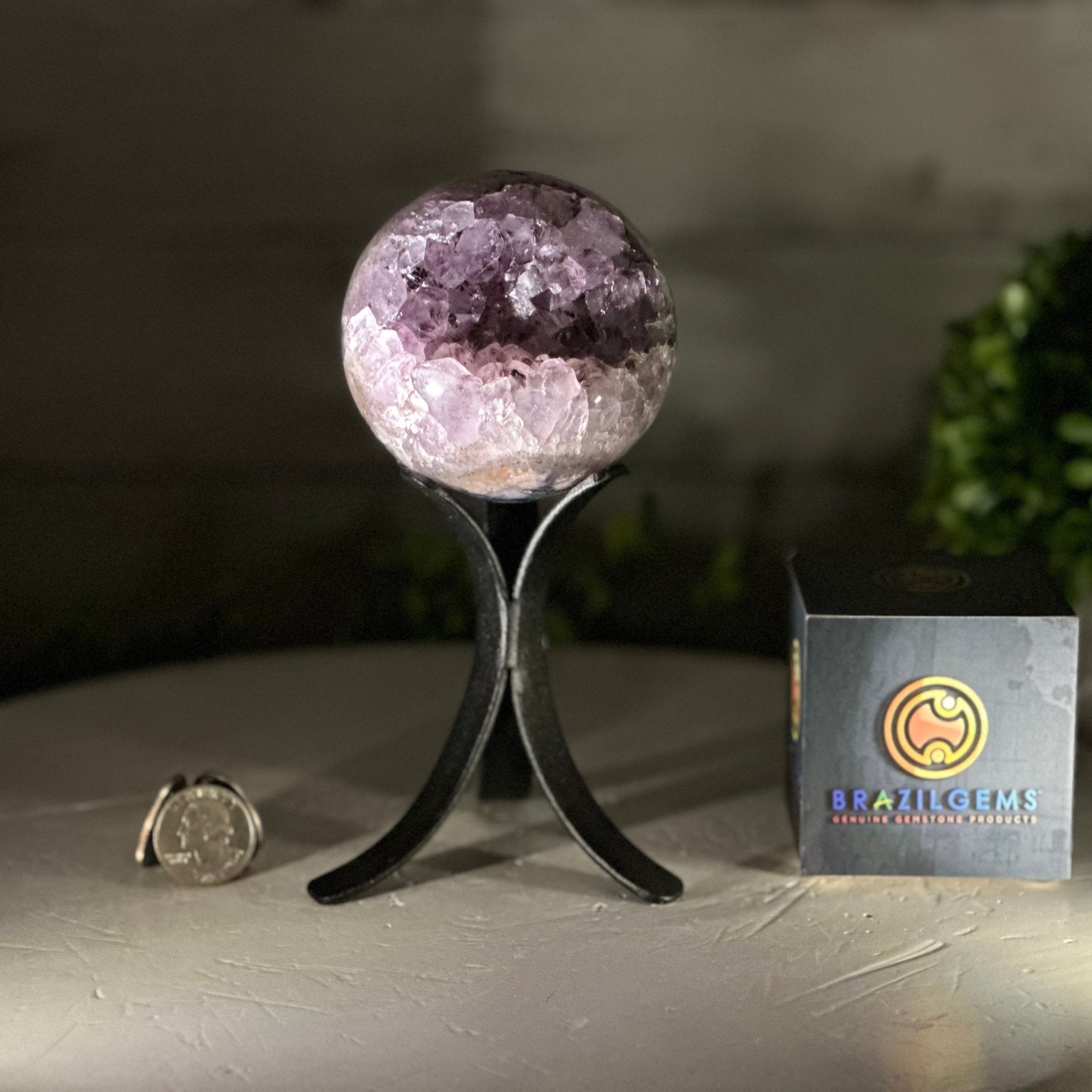 Druzy Amethyst Sphere on a Metal Stand, 1.3 lbs & 6.8" Tall #5630-0041 - Brazil GemsBrazil GemsDruzy Amethyst Sphere on a Metal Stand, 1.3 lbs & 6.8" Tall #5630-0041Spheres5630-0041