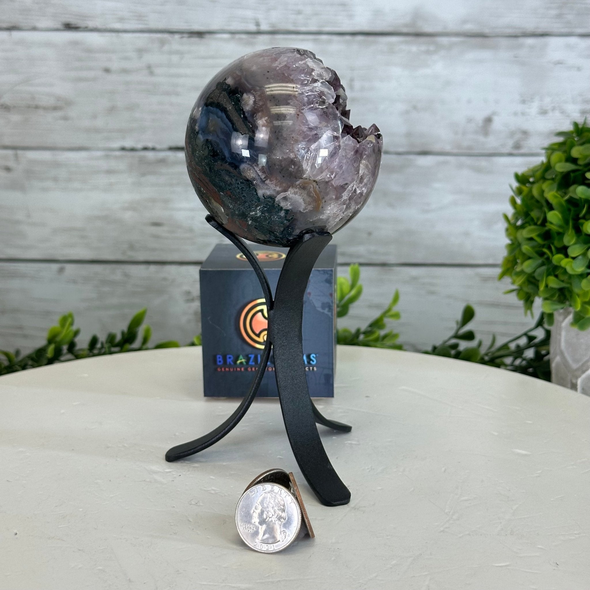Druzy Amethyst Sphere on a Metal Stand, 1.3 lbs & 6.8" Tall #5630-0041 - Brazil GemsBrazil GemsDruzy Amethyst Sphere on a Metal Stand, 1.3 lbs & 6.8" Tall #5630-0041Spheres5630-0041