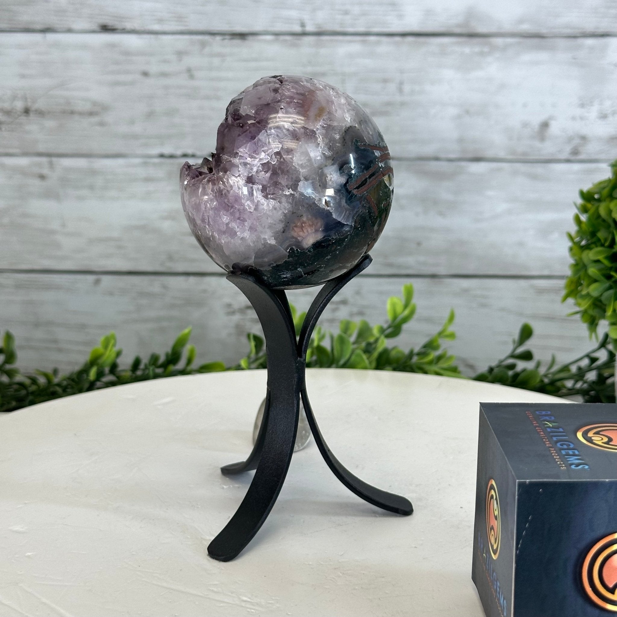 Druzy Amethyst Sphere on a Metal Stand, 1.3 lbs & 6.8" Tall #5630-0041 - Brazil GemsBrazil GemsDruzy Amethyst Sphere on a Metal Stand, 1.3 lbs & 6.8" Tall #5630-0041Spheres5630-0041