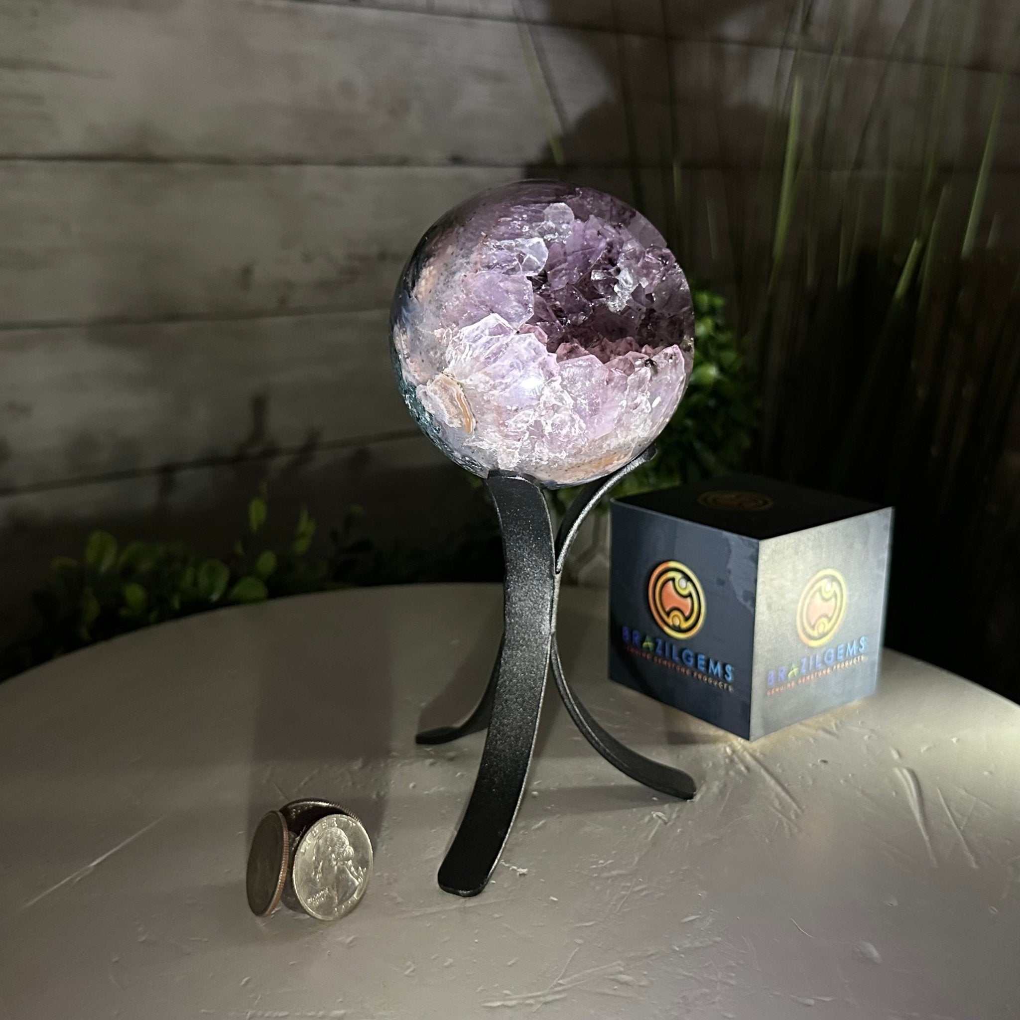 Druzy Amethyst Sphere on a Metal Stand, 1.3 lbs & 6.8" Tall #5630-0041 - Brazil GemsBrazil GemsDruzy Amethyst Sphere on a Metal Stand, 1.3 lbs & 6.8" Tall #5630-0041Spheres5630-0041