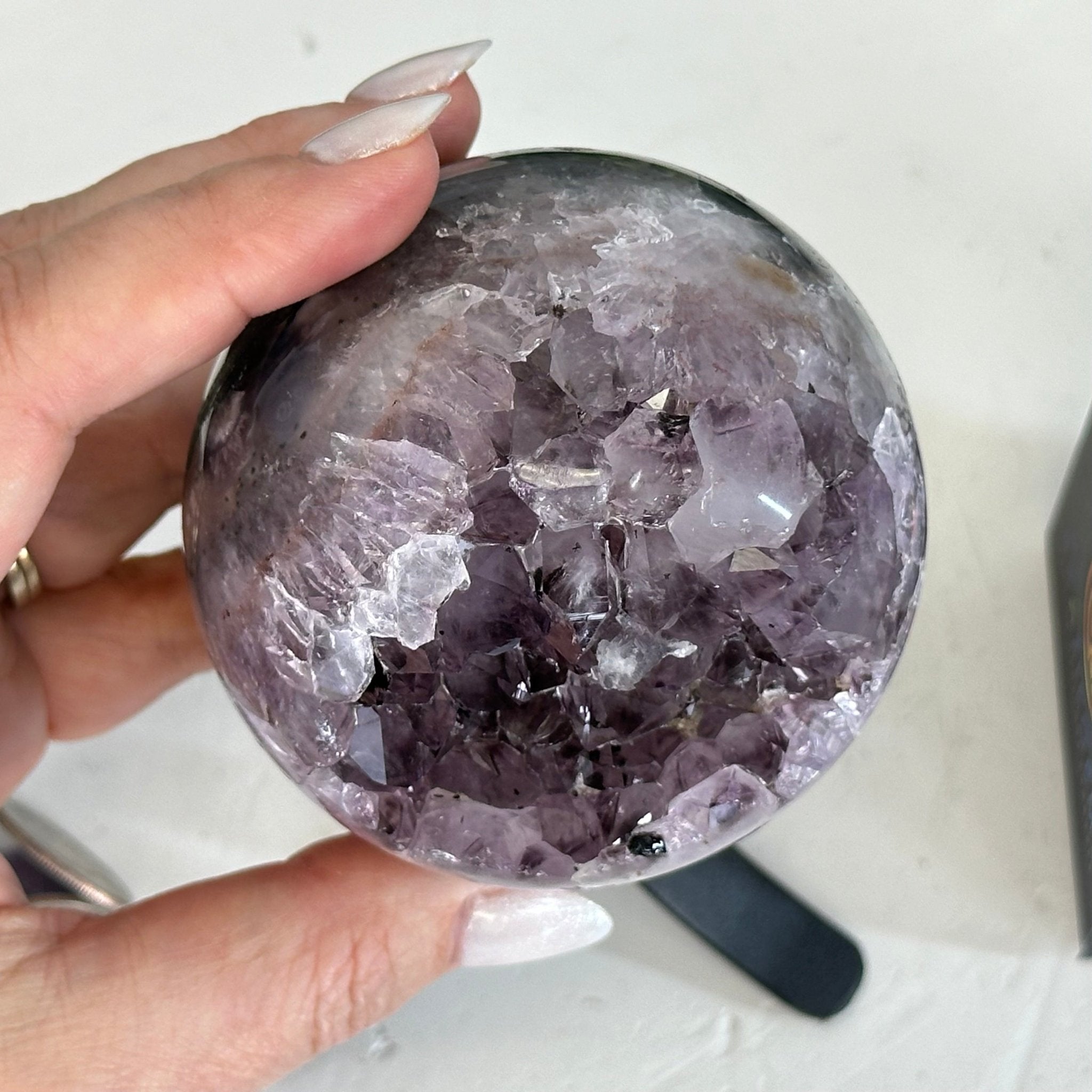 Druzy Amethyst Sphere on a Metal Stand, 1.3 lbs & 6.8" Tall #5630-0041 - Brazil GemsBrazil GemsDruzy Amethyst Sphere on a Metal Stand, 1.3 lbs & 6.8" Tall #5630-0041Spheres5630-0041