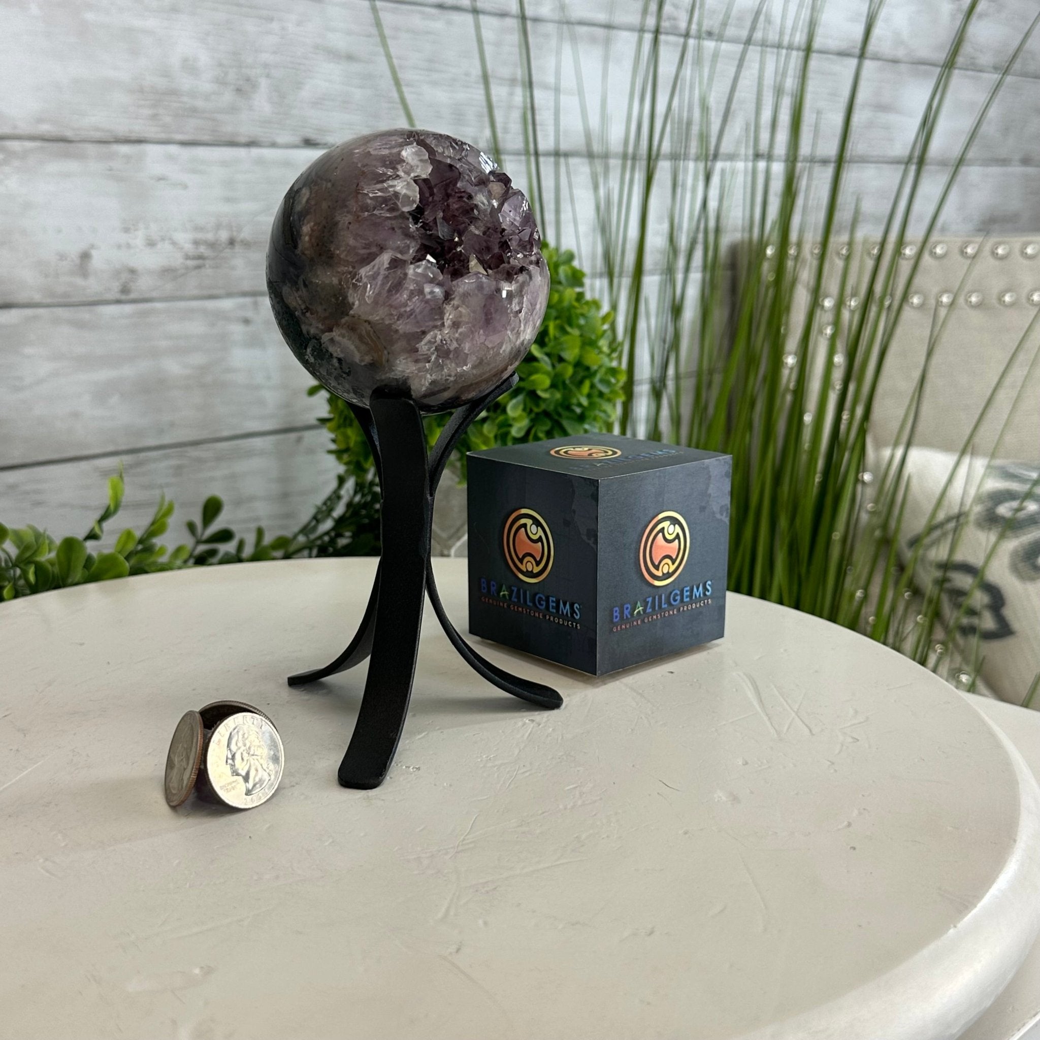 Druzy Amethyst Sphere on a Metal Stand, 1.3 lbs & 6.8" Tall #5630-0041 - Brazil GemsBrazil GemsDruzy Amethyst Sphere on a Metal Stand, 1.3 lbs & 6.8" Tall #5630-0041Spheres5630-0041