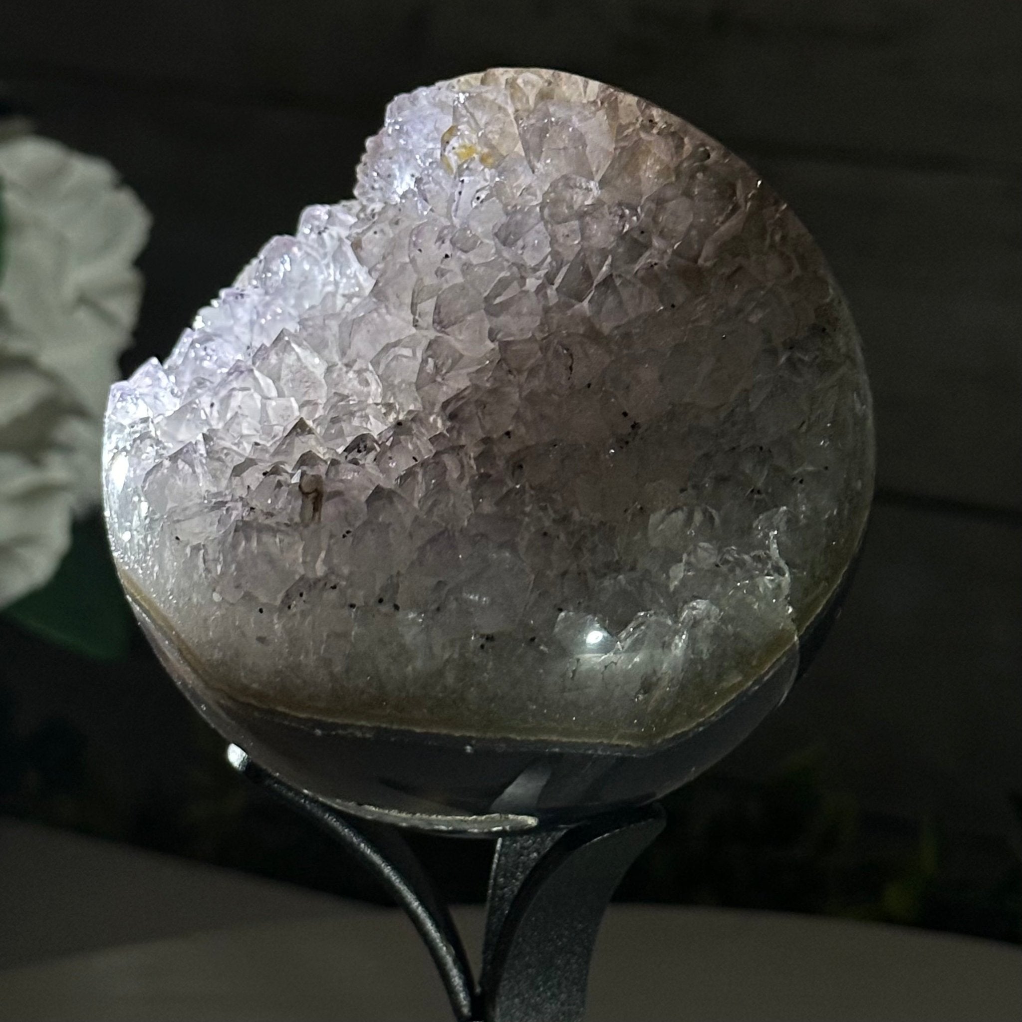 Druzy Amethyst Sphere on a Metal Stand, 1.4 lbs & 7.1" Tall #5630-0042 - Brazil GemsBrazil GemsDruzy Amethyst Sphere on a Metal Stand, 1.4 lbs & 7.1" Tall #5630-0042Spheres5630-0042
