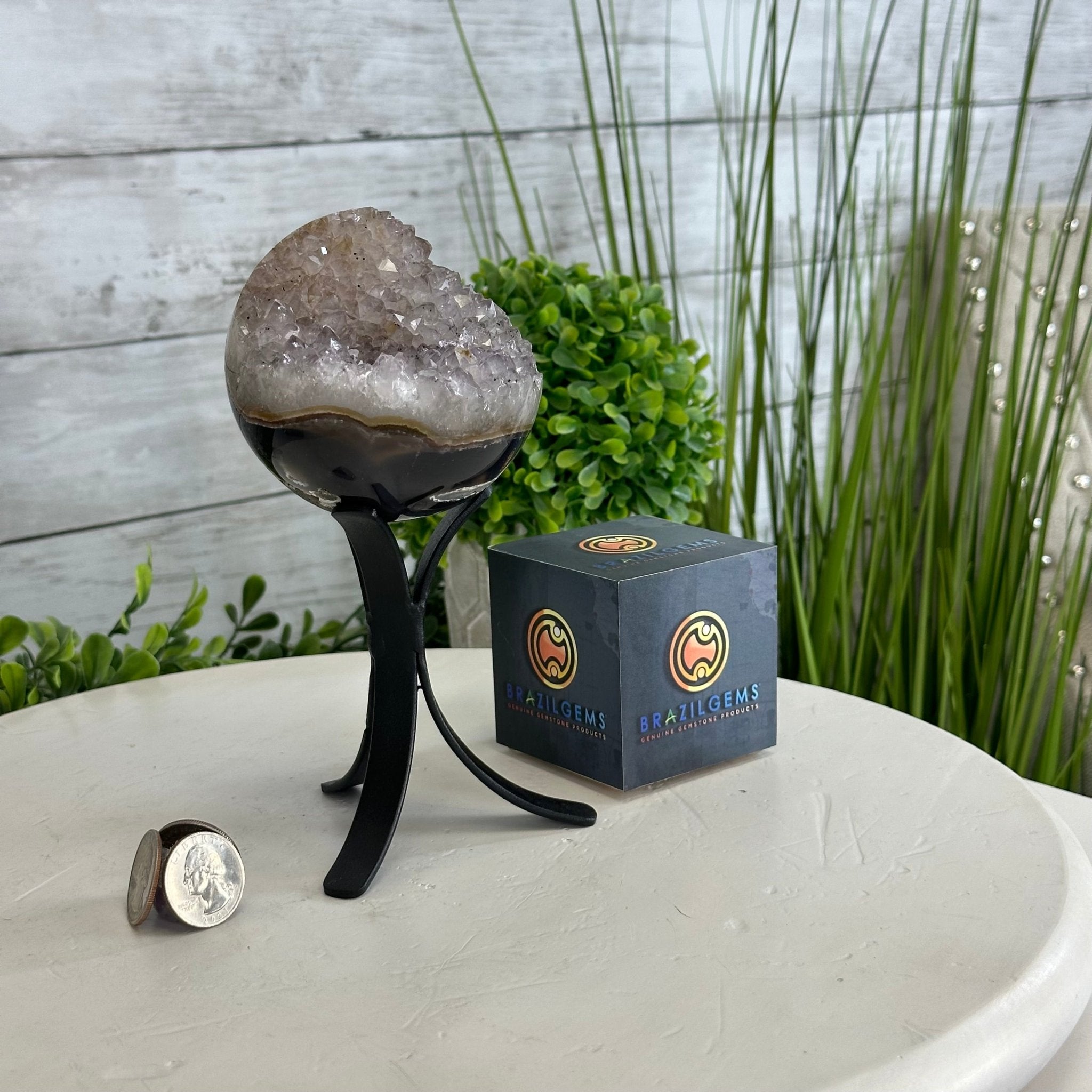 Druzy Amethyst Sphere on a Metal Stand, 1.4 lbs & 7.1" Tall #5630-0042 - Brazil GemsBrazil GemsDruzy Amethyst Sphere on a Metal Stand, 1.4 lbs & 7.1" Tall #5630-0042Spheres5630-0042