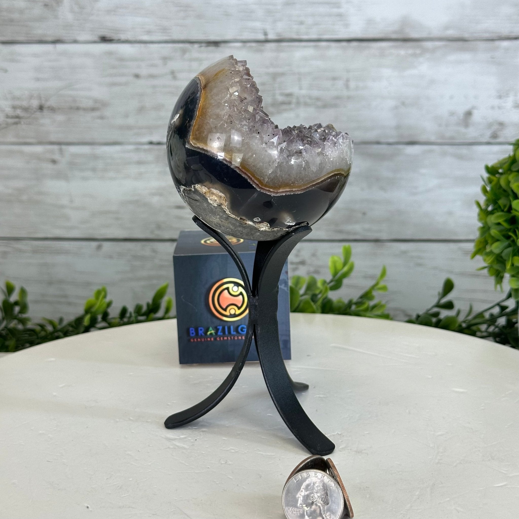 Druzy Amethyst Sphere on a Metal Stand, 1.4 lbs & 7.1" Tall #5630-0042 - Brazil GemsBrazil GemsDruzy Amethyst Sphere on a Metal Stand, 1.4 lbs & 7.1" Tall #5630-0042Spheres5630-0042