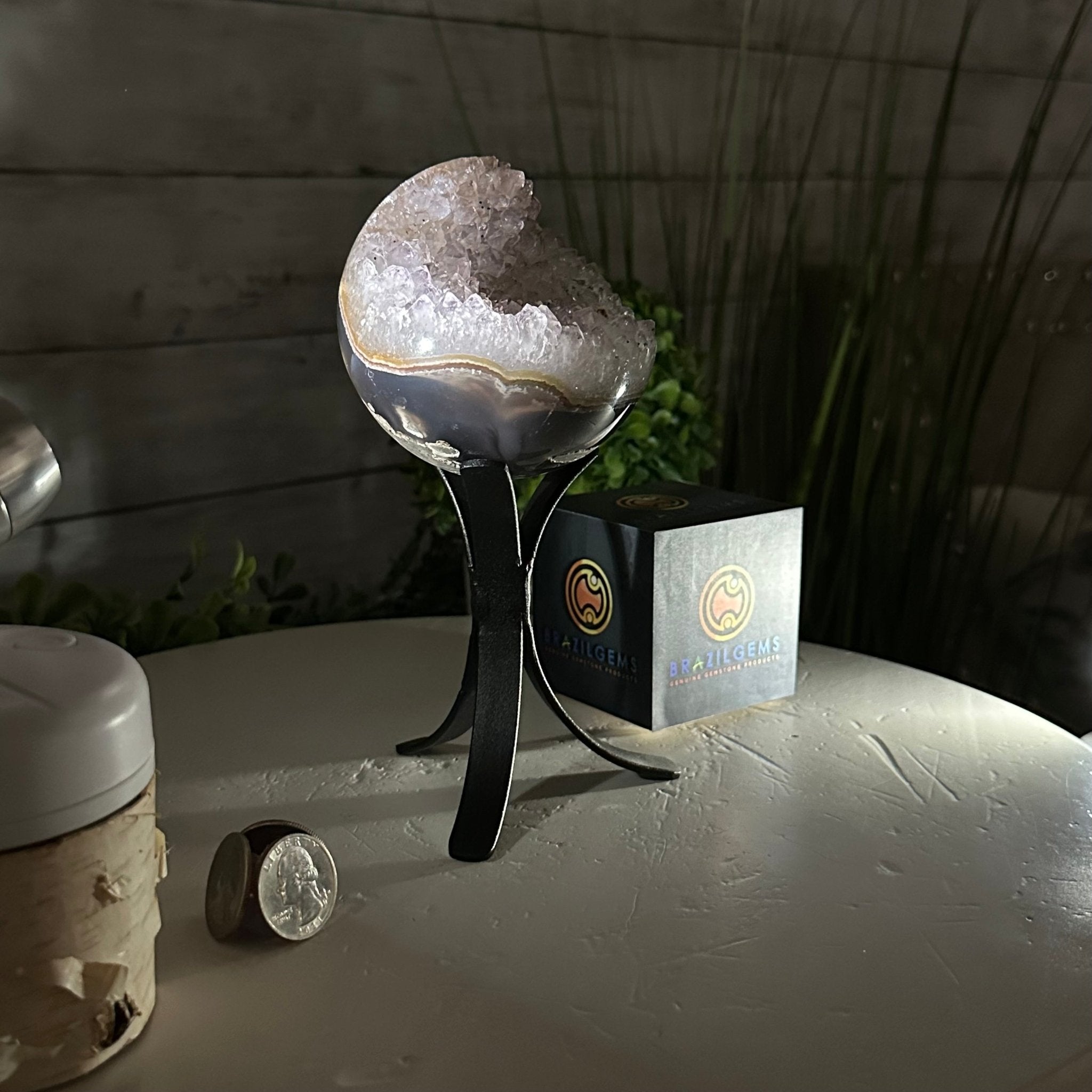 Druzy Amethyst Sphere on a Metal Stand, 1.4 lbs & 7.1" Tall #5630-0042 - Brazil GemsBrazil GemsDruzy Amethyst Sphere on a Metal Stand, 1.4 lbs & 7.1" Tall #5630-0042Spheres5630-0042