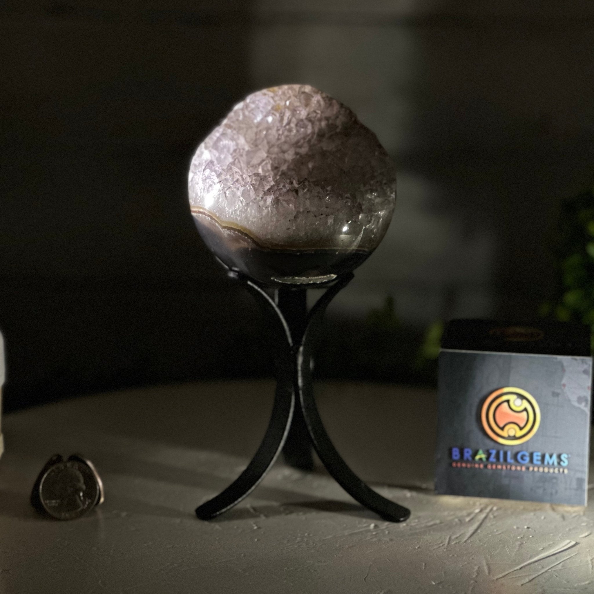 Druzy Amethyst Sphere on a Metal Stand, 1.4 lbs & 7.1" Tall #5630-0042 - Brazil GemsBrazil GemsDruzy Amethyst Sphere on a Metal Stand, 1.4 lbs & 7.1" Tall #5630-0042Spheres5630-0042