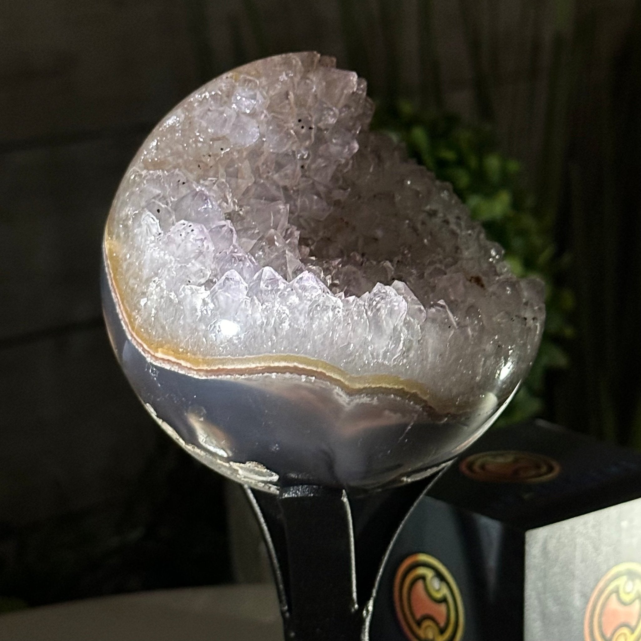 Druzy Amethyst Sphere on a Metal Stand, 1.4 lbs & 7.1" Tall #5630-0042 - Brazil GemsBrazil GemsDruzy Amethyst Sphere on a Metal Stand, 1.4 lbs & 7.1" Tall #5630-0042Spheres5630-0042