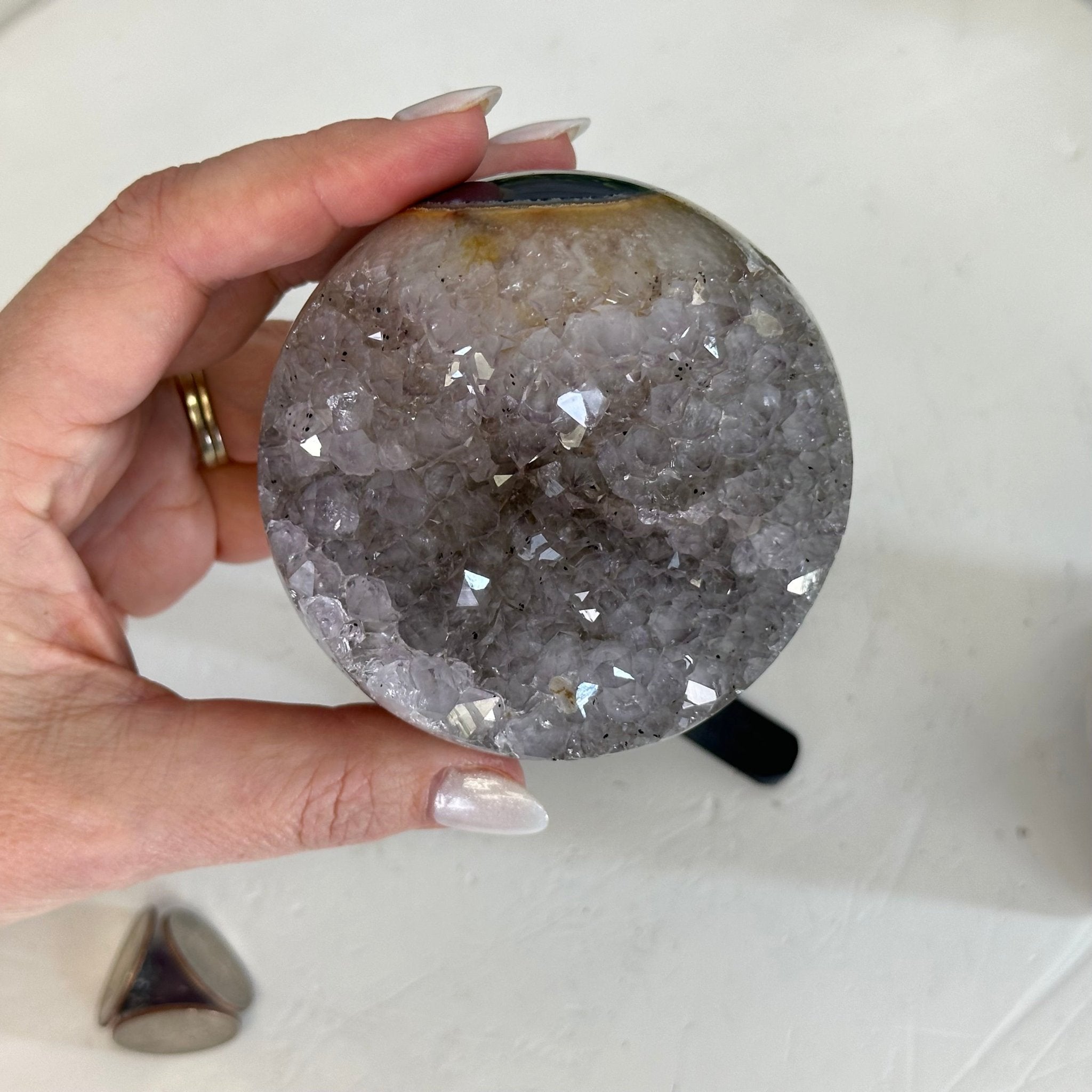 Druzy Amethyst Sphere on a Metal Stand, 1.4 lbs & 7.1" Tall #5630-0042 - Brazil GemsBrazil GemsDruzy Amethyst Sphere on a Metal Stand, 1.4 lbs & 7.1" Tall #5630-0042Spheres5630-0042