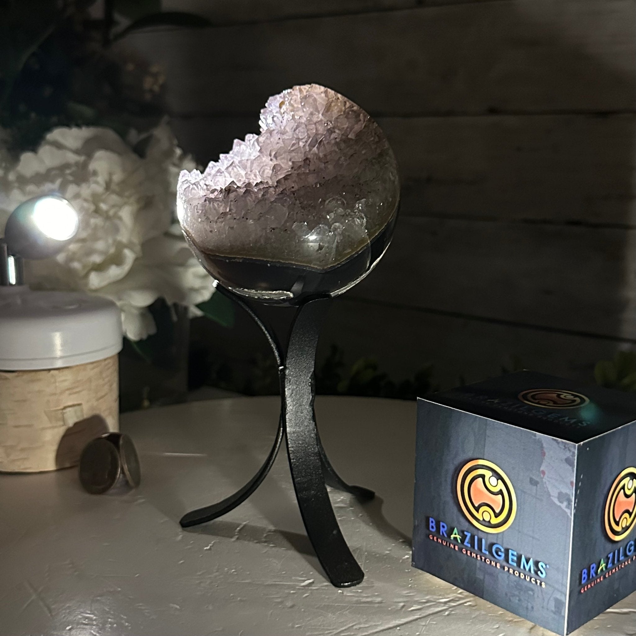 Druzy Amethyst Sphere on a Metal Stand, 1.4 lbs & 7.1" Tall #5630-0042 - Brazil GemsBrazil GemsDruzy Amethyst Sphere on a Metal Stand, 1.4 lbs & 7.1" Tall #5630-0042Spheres5630-0042