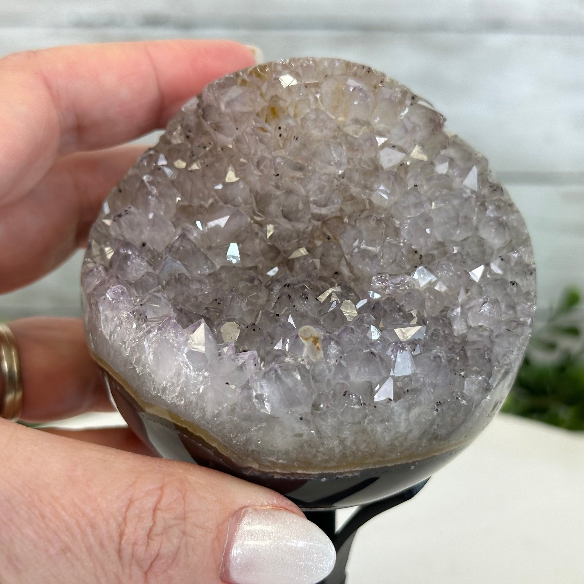Druzy Amethyst Sphere on a Metal Stand, 1.4 lbs & 7.1" Tall #5630-0042 - Brazil GemsBrazil GemsDruzy Amethyst Sphere on a Metal Stand, 1.4 lbs & 7.1" Tall #5630-0042Spheres5630-0042