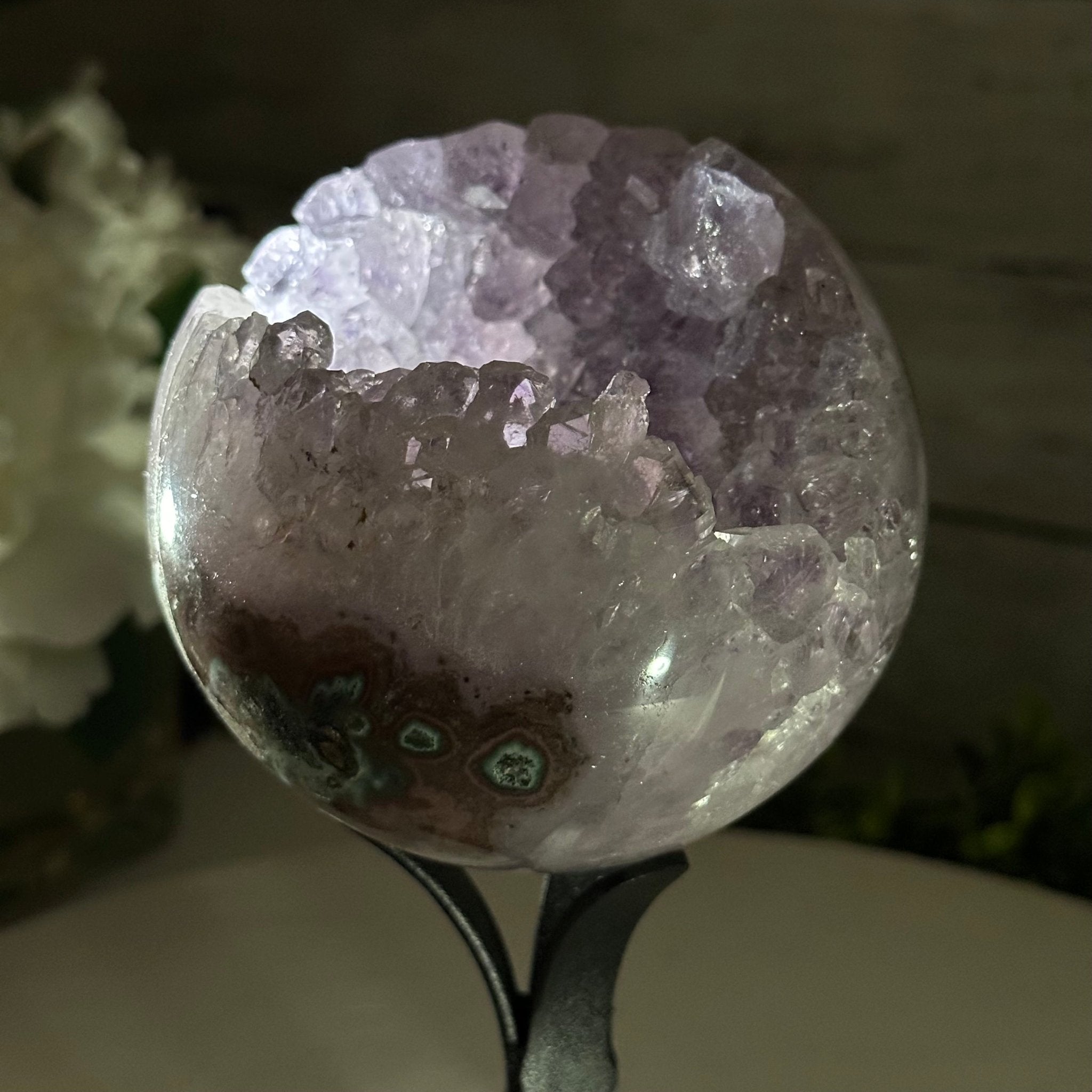 Druzy Amethyst Sphere on a Metal Stand, 2.1 lbs & 7.6" Tall #5630-0044 - Brazil GemsBrazil GemsDruzy Amethyst Sphere on a Metal Stand, 2.1 lbs & 7.6" Tall #5630-0044Spheres5630-0044