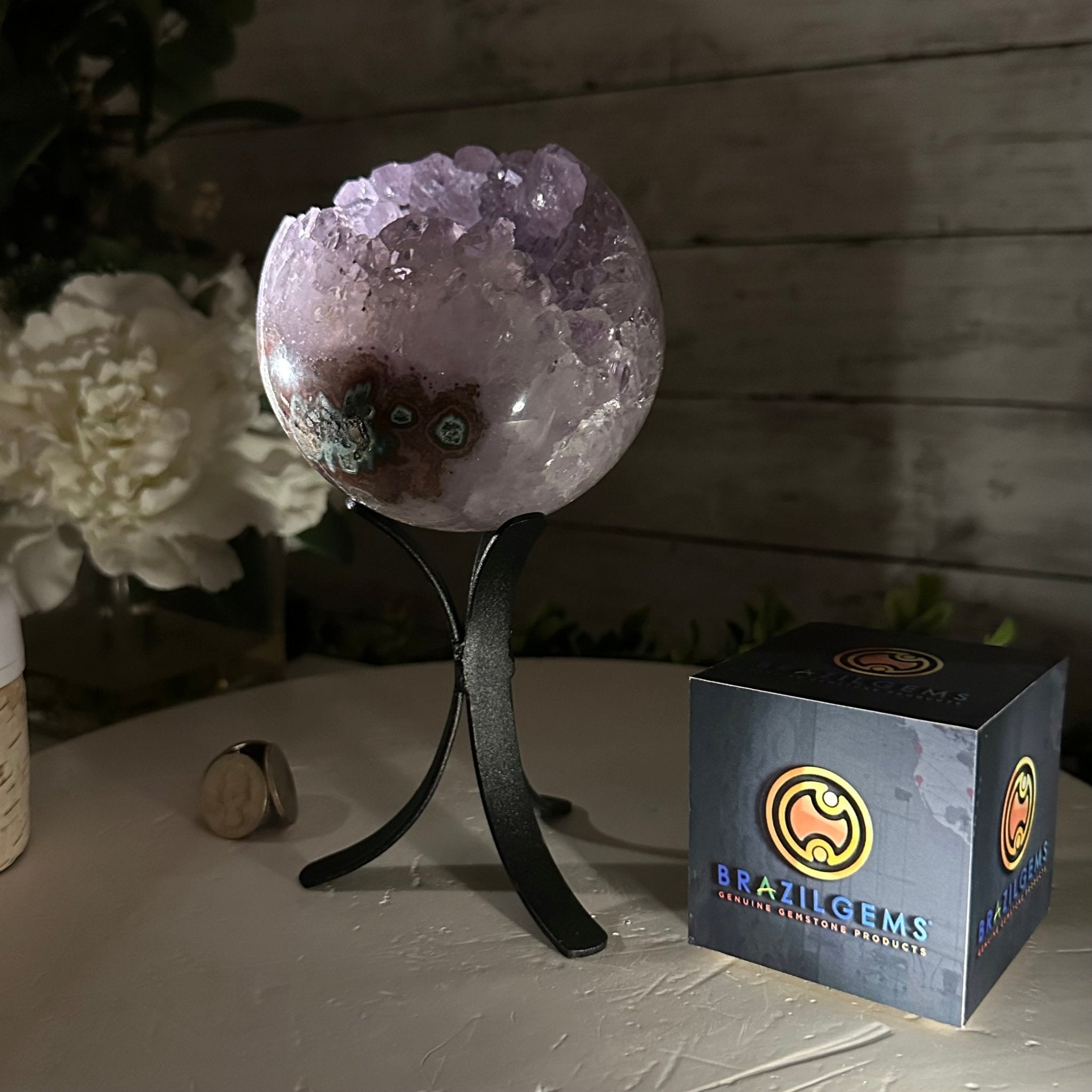 Druzy Amethyst Sphere on a Metal Stand, 2.1 lbs & 7.6" Tall #5630-0044 - Brazil GemsBrazil GemsDruzy Amethyst Sphere on a Metal Stand, 2.1 lbs & 7.6" Tall #5630-0044Spheres5630-0044