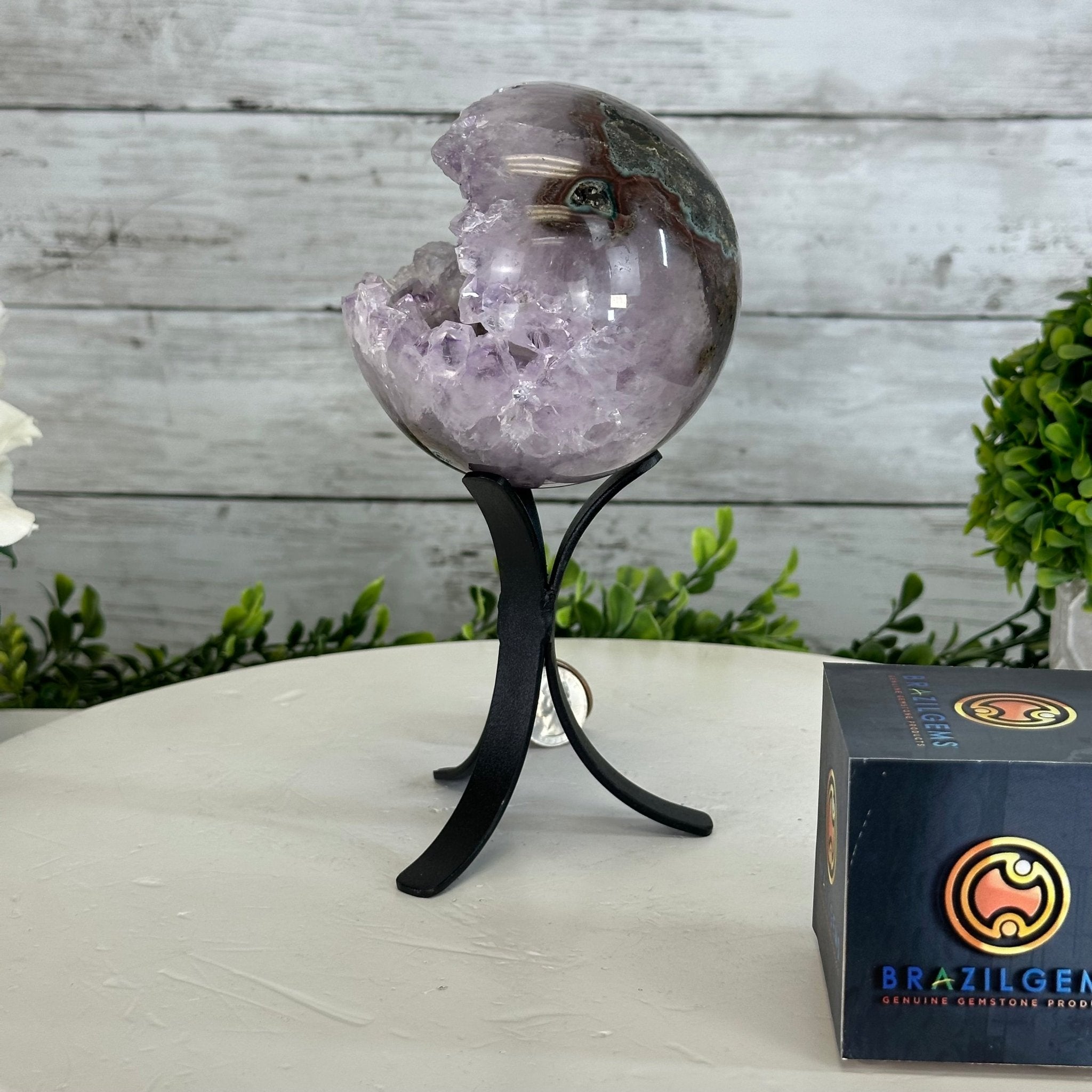 Druzy Amethyst Sphere on a Metal Stand, 2.1 lbs & 7.6" Tall #5630-0044 - Brazil GemsBrazil GemsDruzy Amethyst Sphere on a Metal Stand, 2.1 lbs & 7.6" Tall #5630-0044Spheres5630-0044