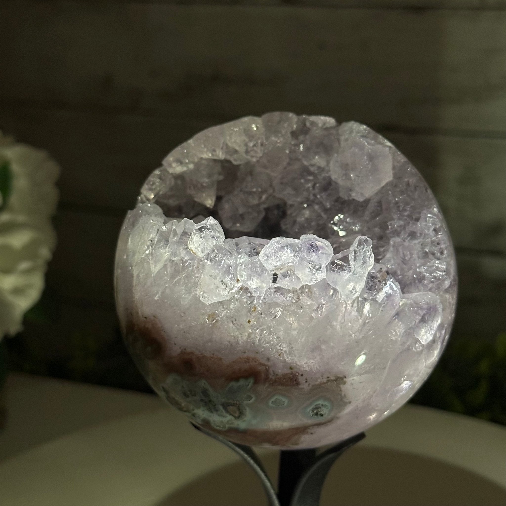 Druzy Amethyst Sphere on a Metal Stand, 2.1 lbs & 7.6" Tall #5630-0044 - Brazil GemsBrazil GemsDruzy Amethyst Sphere on a Metal Stand, 2.1 lbs & 7.6" Tall #5630-0044Spheres5630-0044