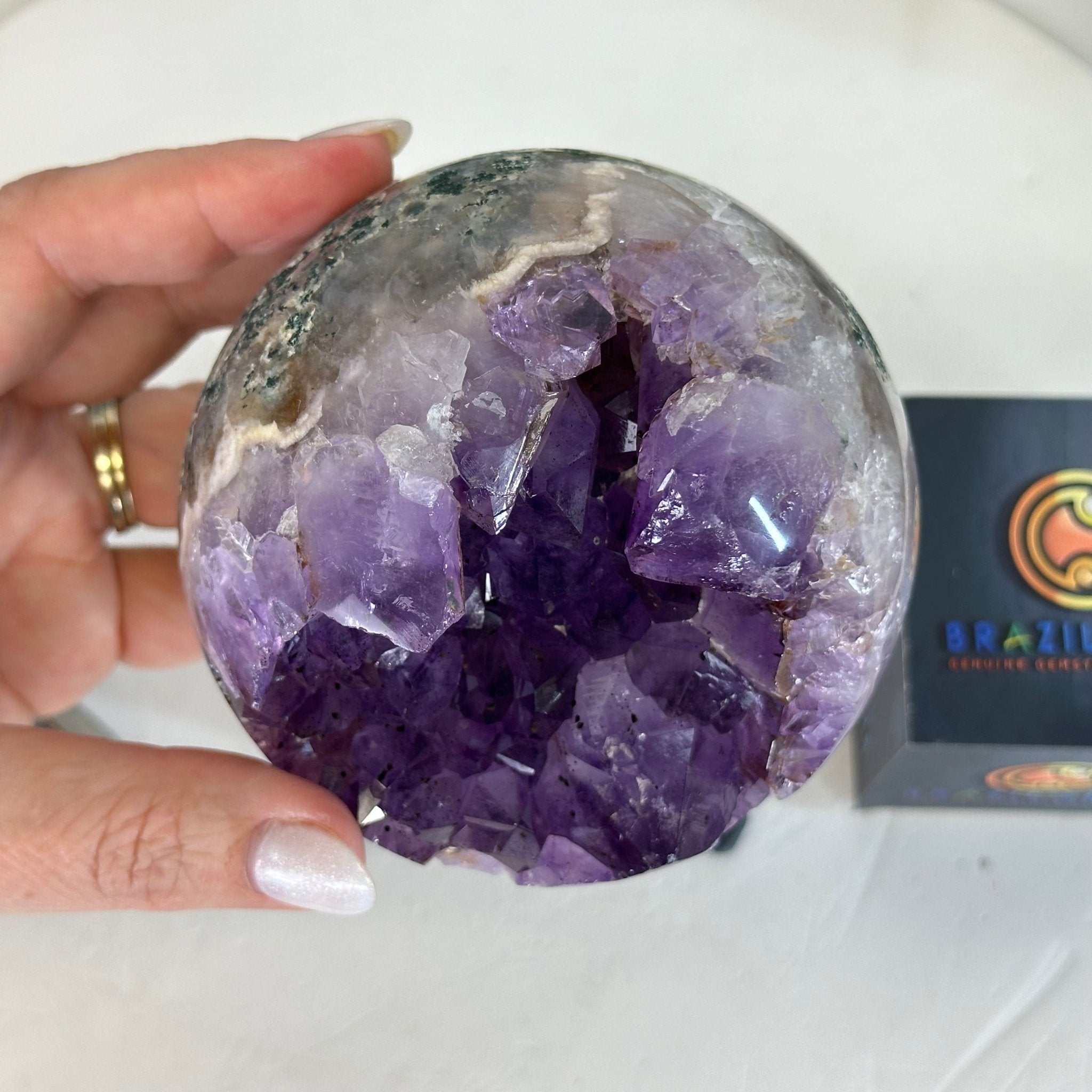 Druzy Amethyst Sphere on a Metal Stand, 2.5 lbs & 7.8" Tall #5630-0047 - Brazil GemsBrazil GemsDruzy Amethyst Sphere on a Metal Stand, 2.5 lbs & 7.8" Tall #5630-0047Spheres5630-0047
