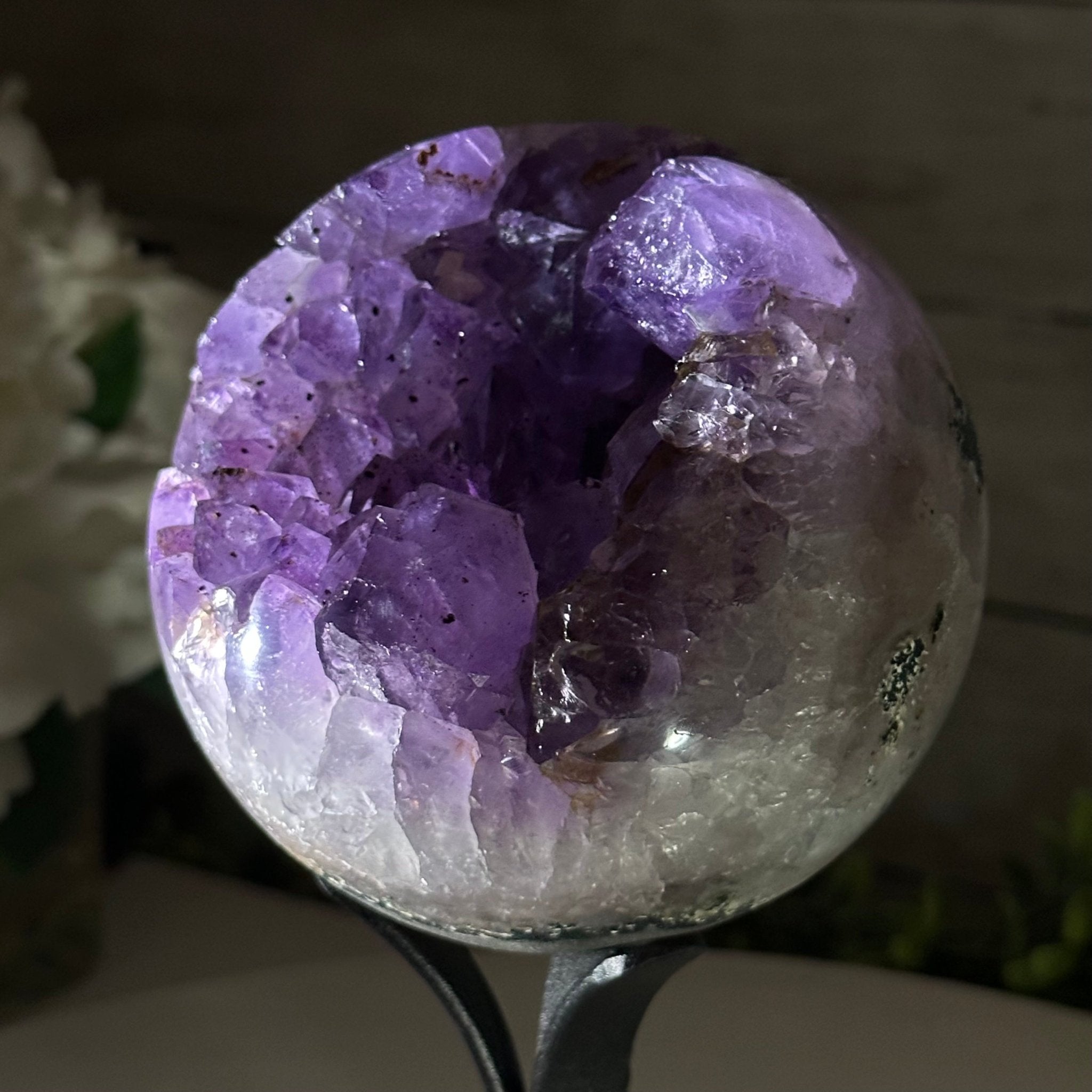 Druzy Amethyst Sphere on a Metal Stand, 2.5 lbs & 7.8" Tall #5630-0047 - Brazil GemsBrazil GemsDruzy Amethyst Sphere on a Metal Stand, 2.5 lbs & 7.8" Tall #5630-0047Spheres5630-0047