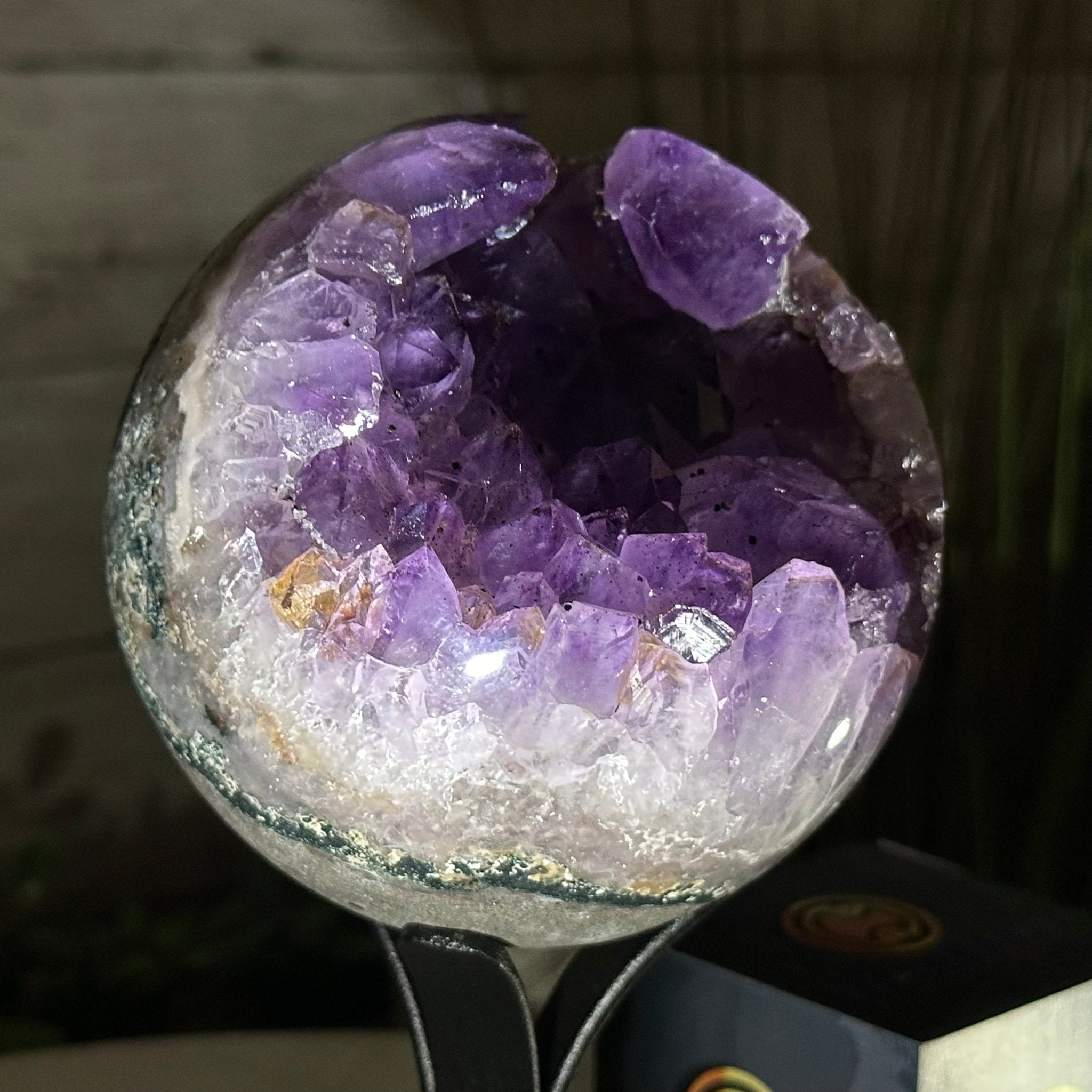 Druzy Amethyst Sphere on a Metal Stand, 2.5 lbs & 7.8" Tall #5630-0047 - Brazil GemsBrazil GemsDruzy Amethyst Sphere on a Metal Stand, 2.5 lbs & 7.8" Tall #5630-0047Spheres5630-0047