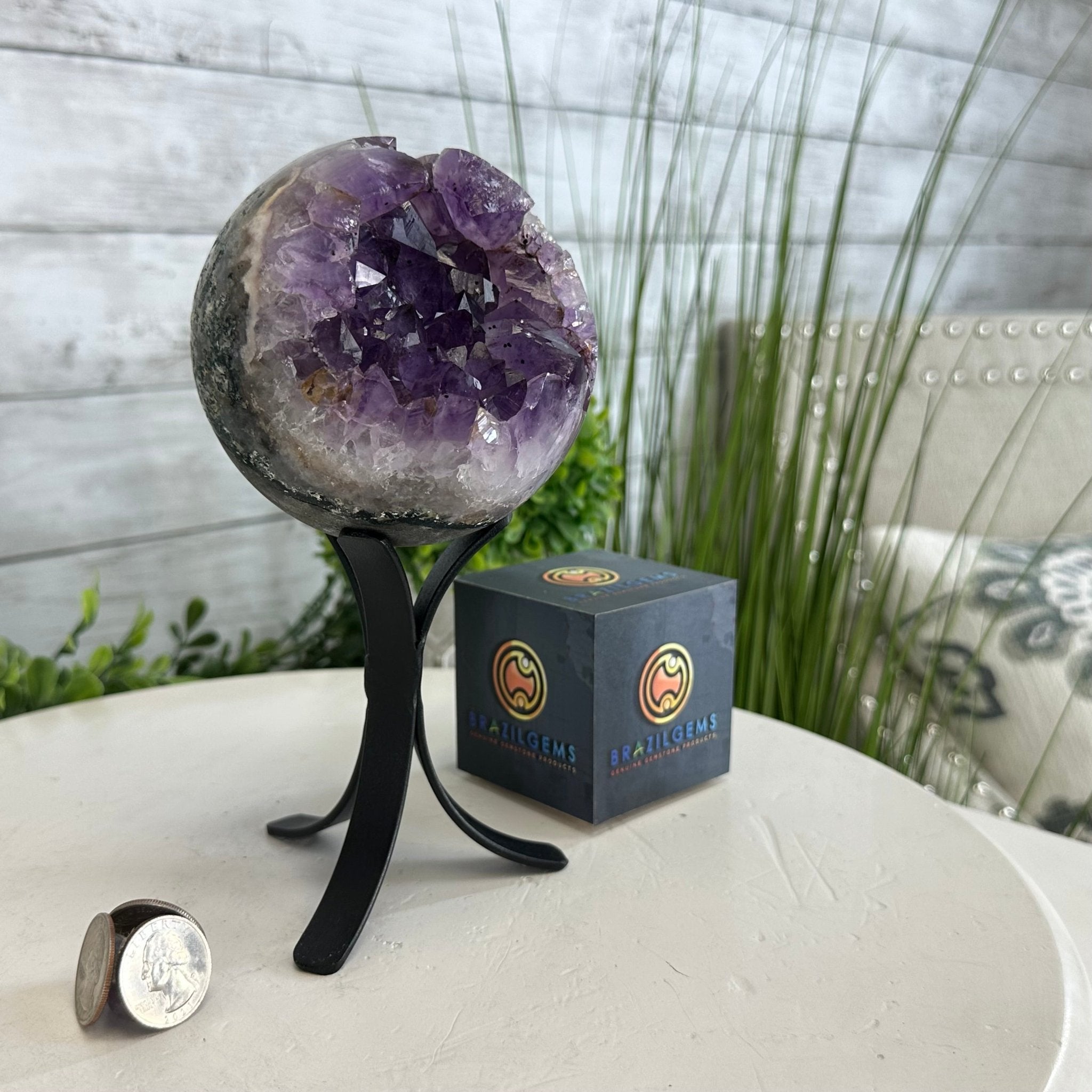 Druzy Amethyst Sphere on a Metal Stand, 2.5 lbs & 7.8" Tall #5630-0047 - Brazil GemsBrazil GemsDruzy Amethyst Sphere on a Metal Stand, 2.5 lbs & 7.8" Tall #5630-0047Spheres5630-0047