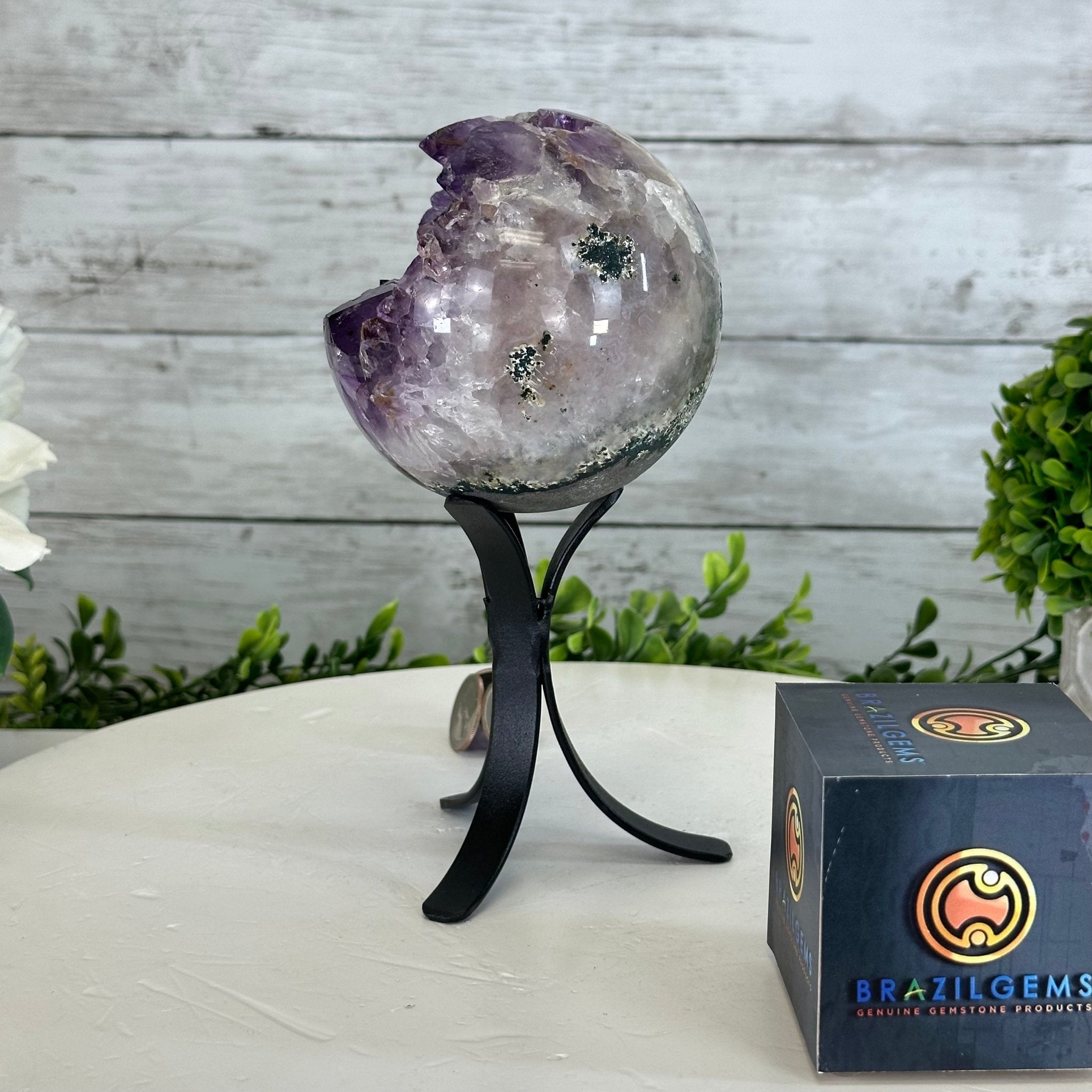 Druzy Amethyst Sphere on a Metal Stand, 2.5 lbs & 7.8" Tall #5630-0047 - Brazil GemsBrazil GemsDruzy Amethyst Sphere on a Metal Stand, 2.5 lbs & 7.8" Tall #5630-0047Spheres5630-0047