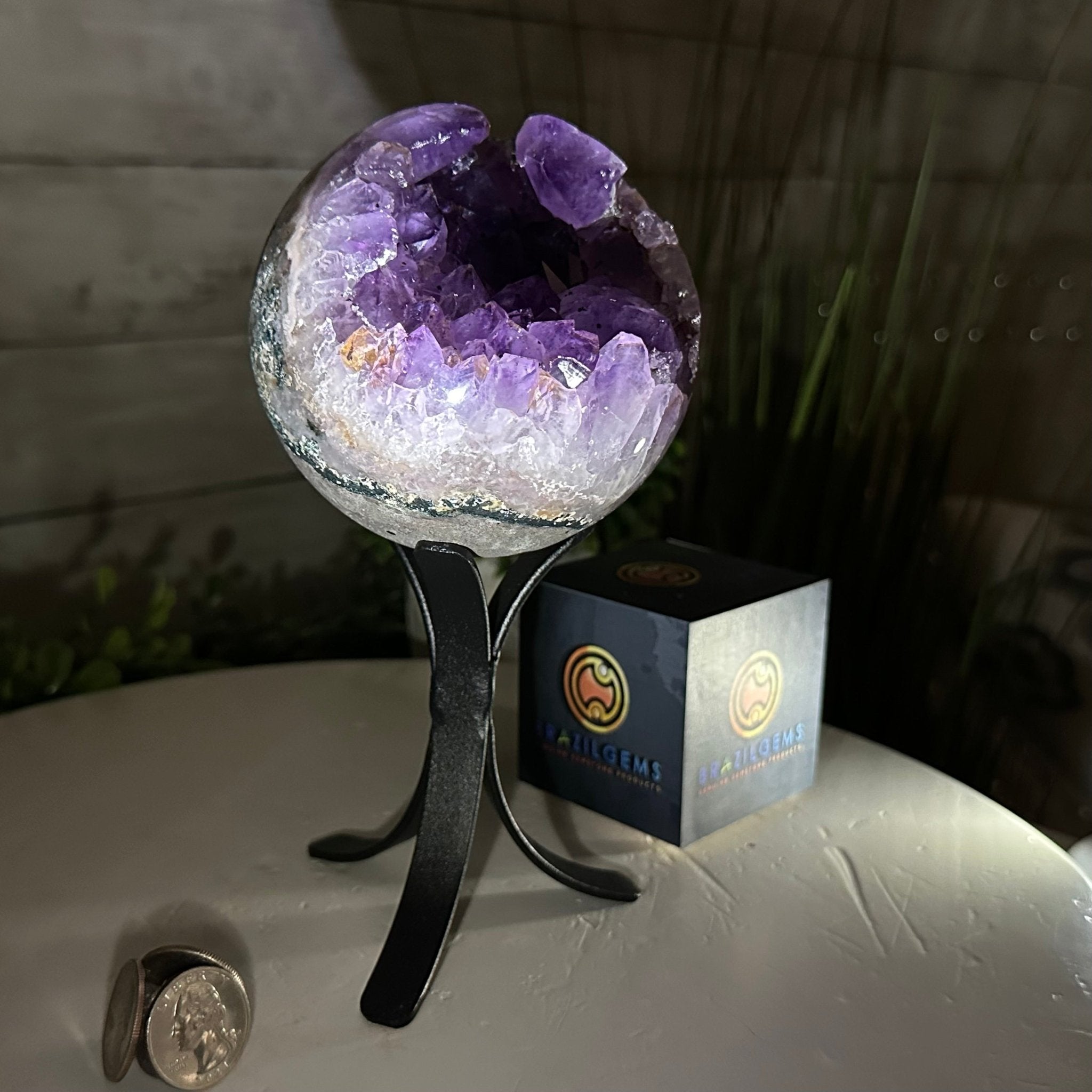 Druzy Amethyst Sphere on a Metal Stand, 2.5 lbs & 7.8" Tall #5630-0047 - Brazil GemsBrazil GemsDruzy Amethyst Sphere on a Metal Stand, 2.5 lbs & 7.8" Tall #5630-0047Spheres5630-0047