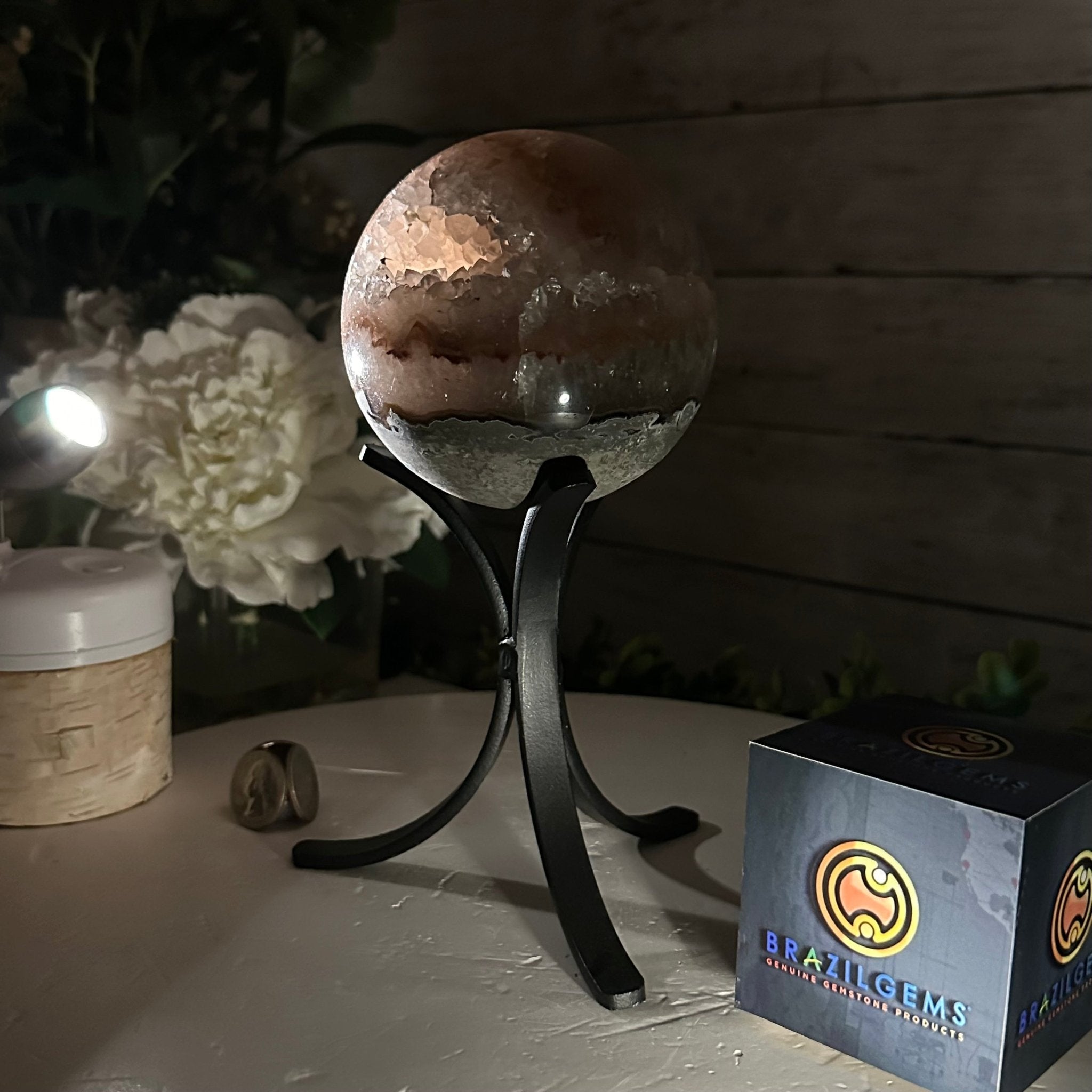 Druzy Amethyst Sphere on a Metal Stand, 2.7 lbs & 8.3" Tall #5630-0051 - Brazil GemsBrazil GemsDruzy Amethyst Sphere on a Metal Stand, 2.7 lbs & 8.3" Tall #5630-0051Spheres5630-0051