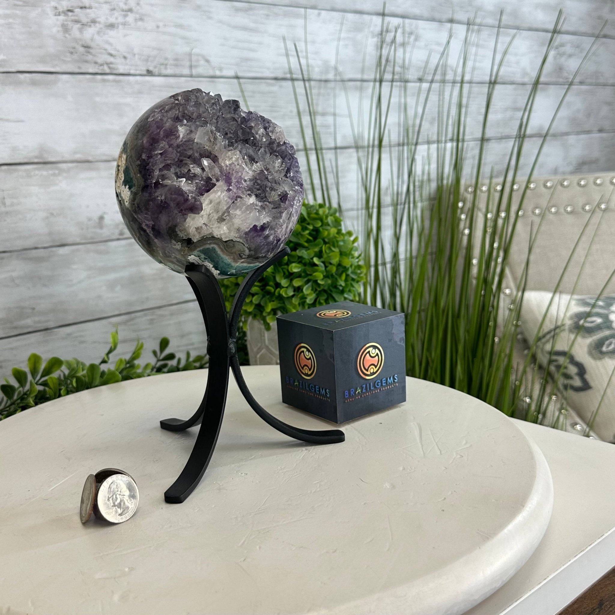 Druzy Amethyst Sphere on a Metal Stand, 3 lbs & 8.2" Tall #5630-0053 - Brazil GemsBrazil GemsDruzy Amethyst Sphere on a Metal Stand, 3 lbs & 8.2" Tall #5630-0053Spheres5630-0053
