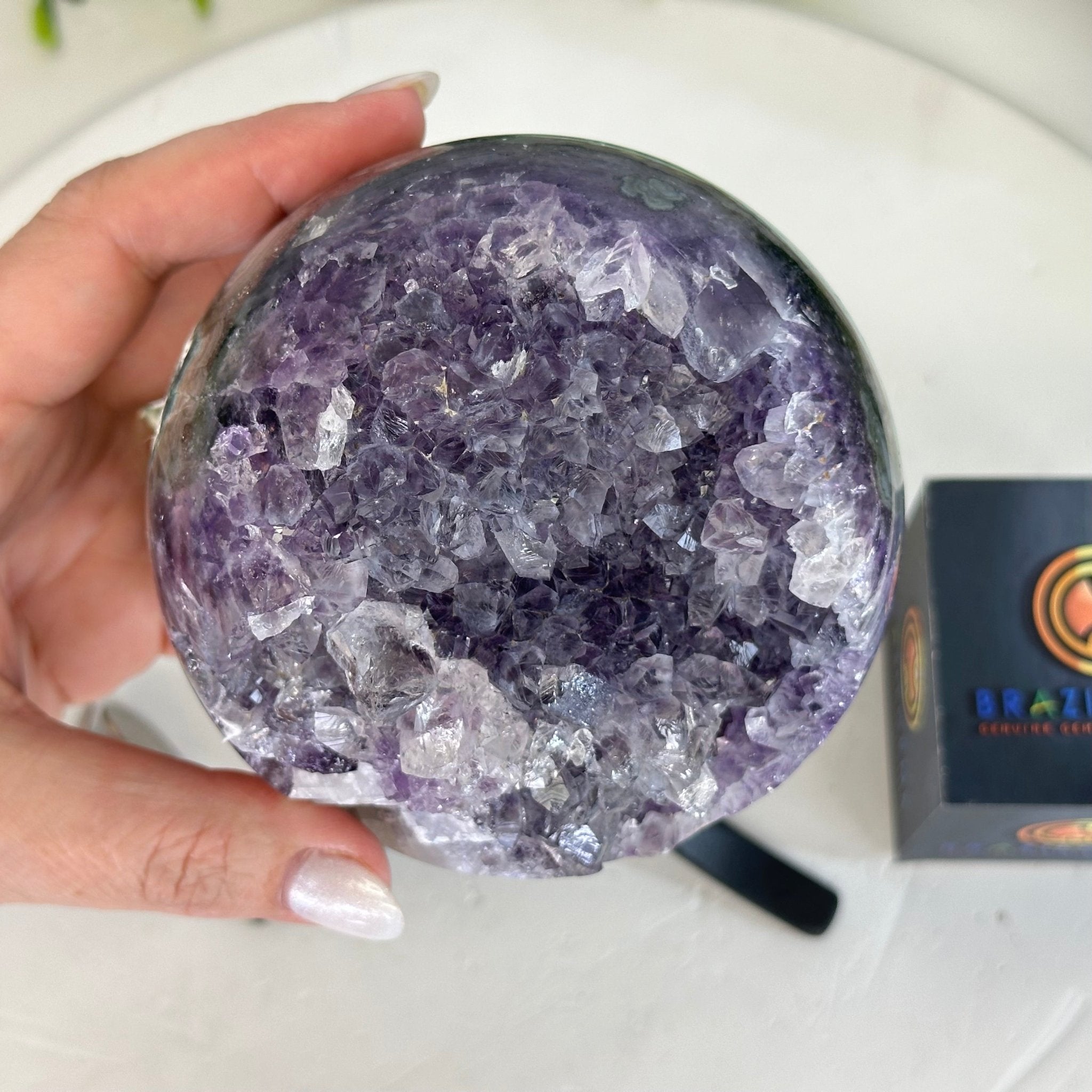 Druzy Amethyst Sphere on a Metal Stand, 3 lbs & 8.2" Tall #5630-0053 - Brazil GemsBrazil GemsDruzy Amethyst Sphere on a Metal Stand, 3 lbs & 8.2" Tall #5630-0053Spheres5630-0053