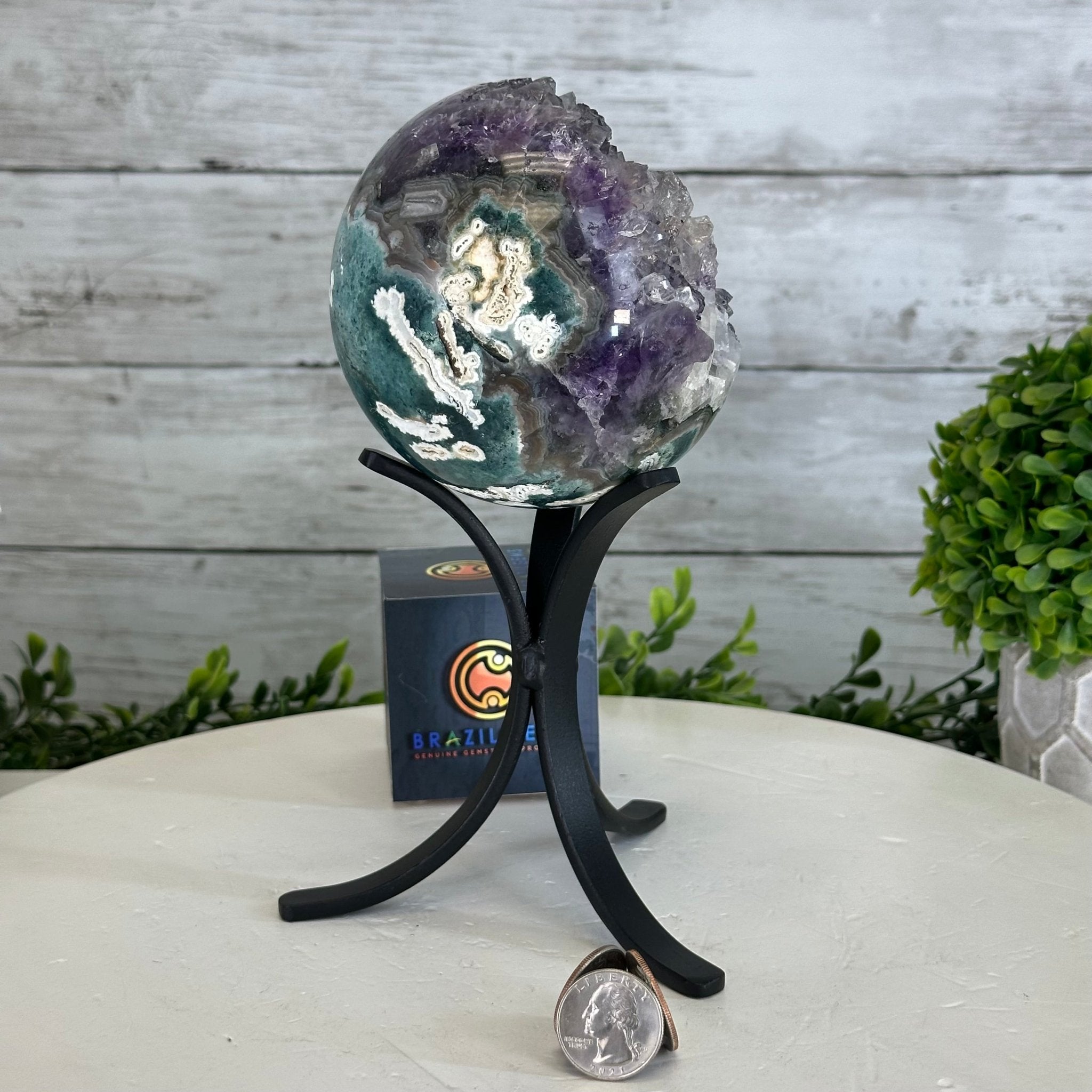 Druzy Amethyst Sphere on a Metal Stand, 3 lbs & 8.2" Tall #5630-0053 - Brazil GemsBrazil GemsDruzy Amethyst Sphere on a Metal Stand, 3 lbs & 8.2" Tall #5630-0053Spheres5630-0053