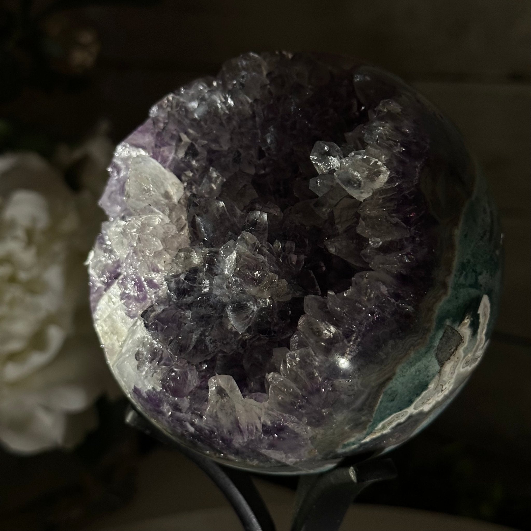 Druzy Amethyst Sphere on a Metal Stand, 3 lbs & 8.2" Tall #5630-0053 - Brazil GemsBrazil GemsDruzy Amethyst Sphere on a Metal Stand, 3 lbs & 8.2" Tall #5630-0053Spheres5630-0053